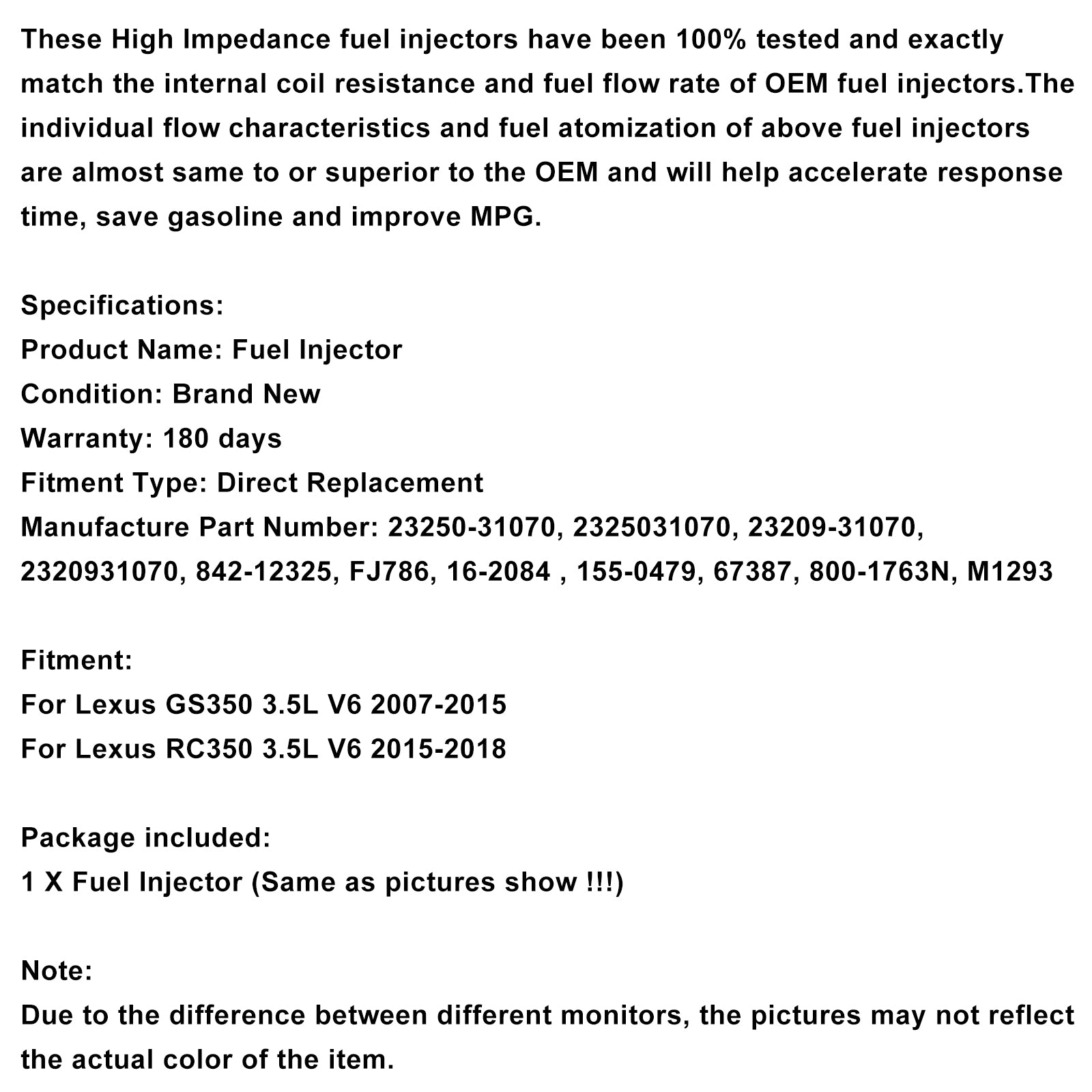 1PCS Fuel Injector 23250-31070 Fit Lexus GS350 3.5L V6 2007-2015 Fit RC350