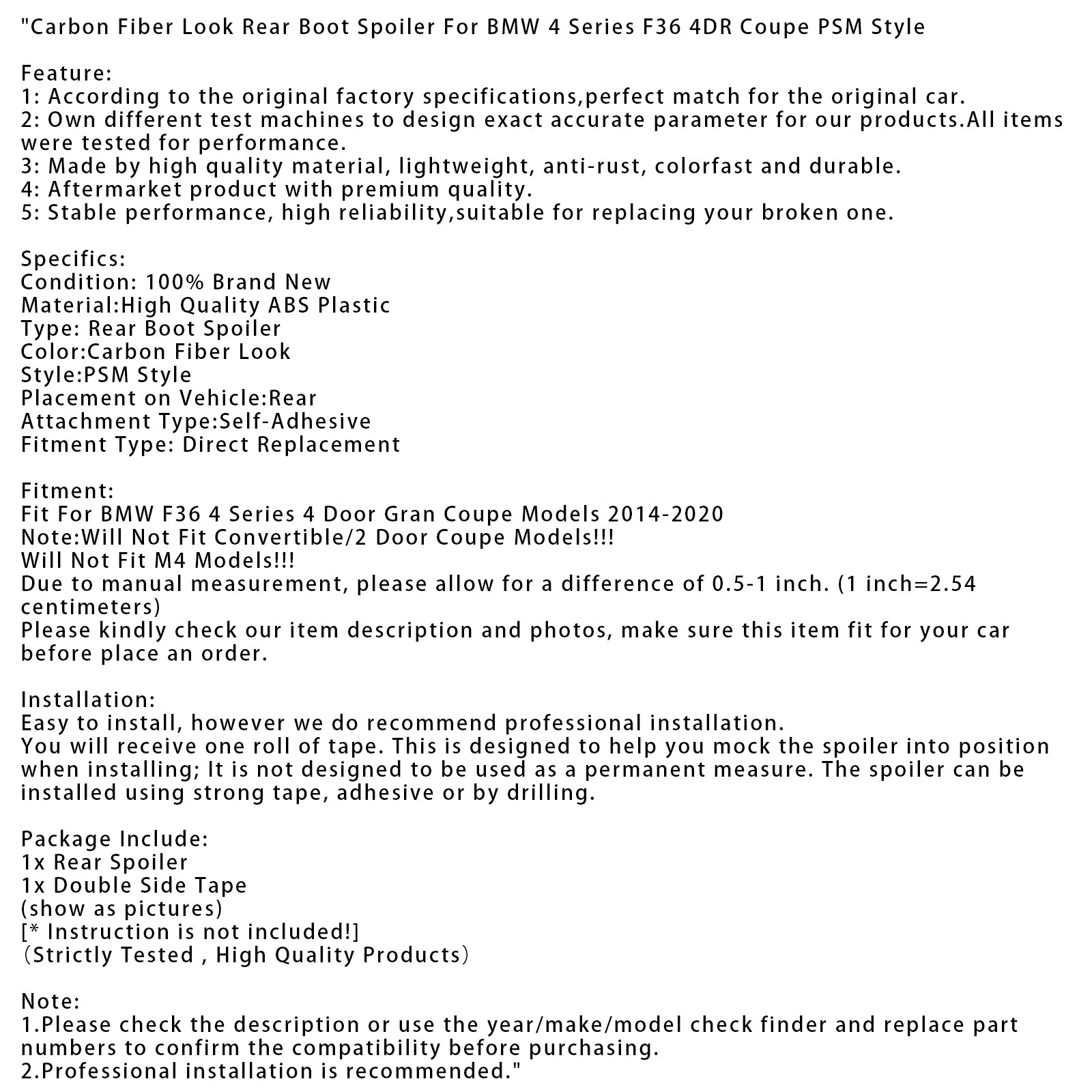 2014-2020 BMW 4 Series F36 4DR Coupe Carbon Fiber Look Rear Boot Spoiler PSM Style