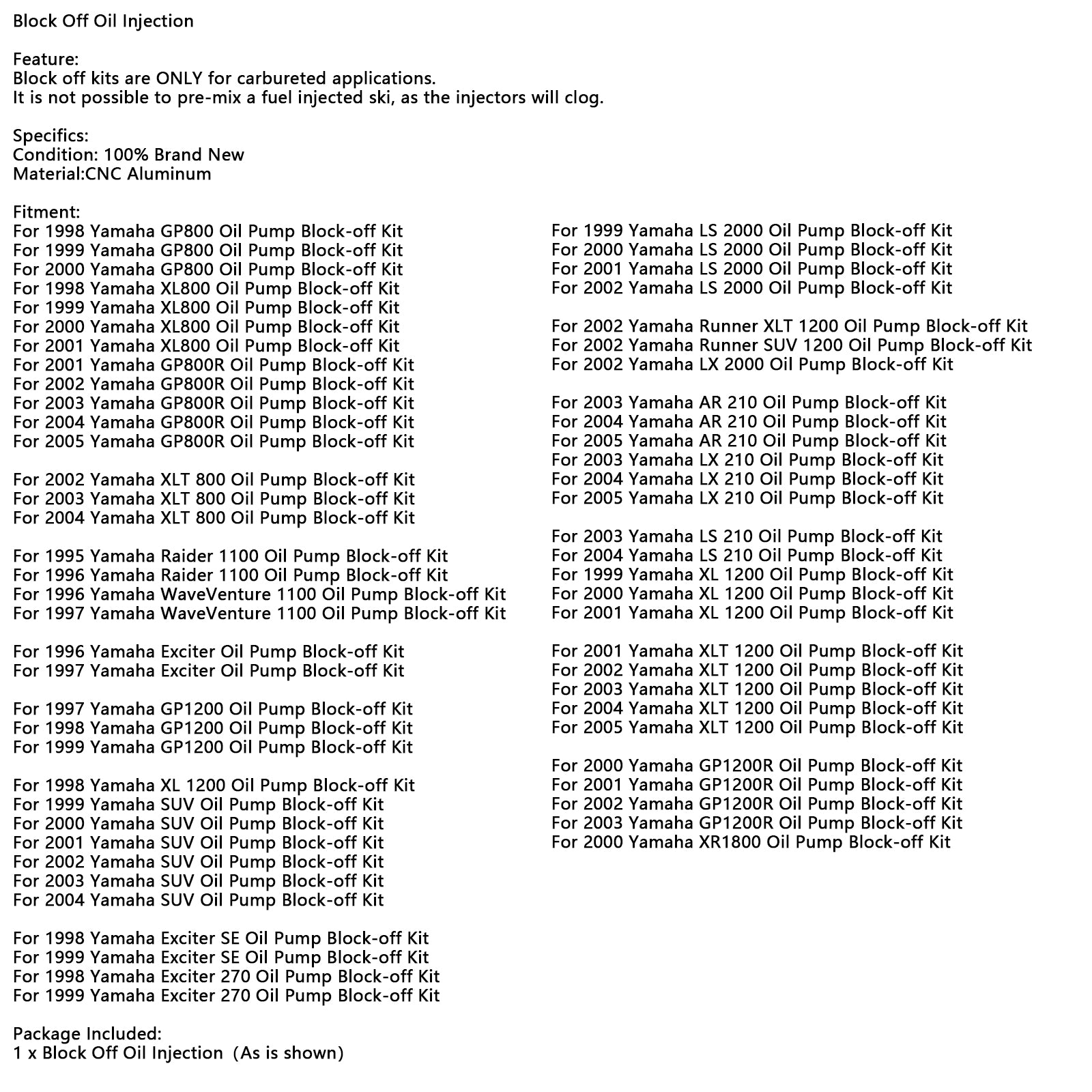1995-1996 Yamaha Raider 1100 Block-off Oil-off Oil Oil Injekčné čerpadlo