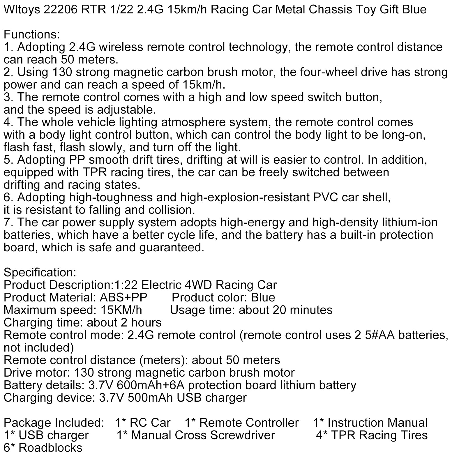 Wltoys 22206 RTR 1/22 2,4 g 15 km/h racingbil metallchassis Toy Gift Blue