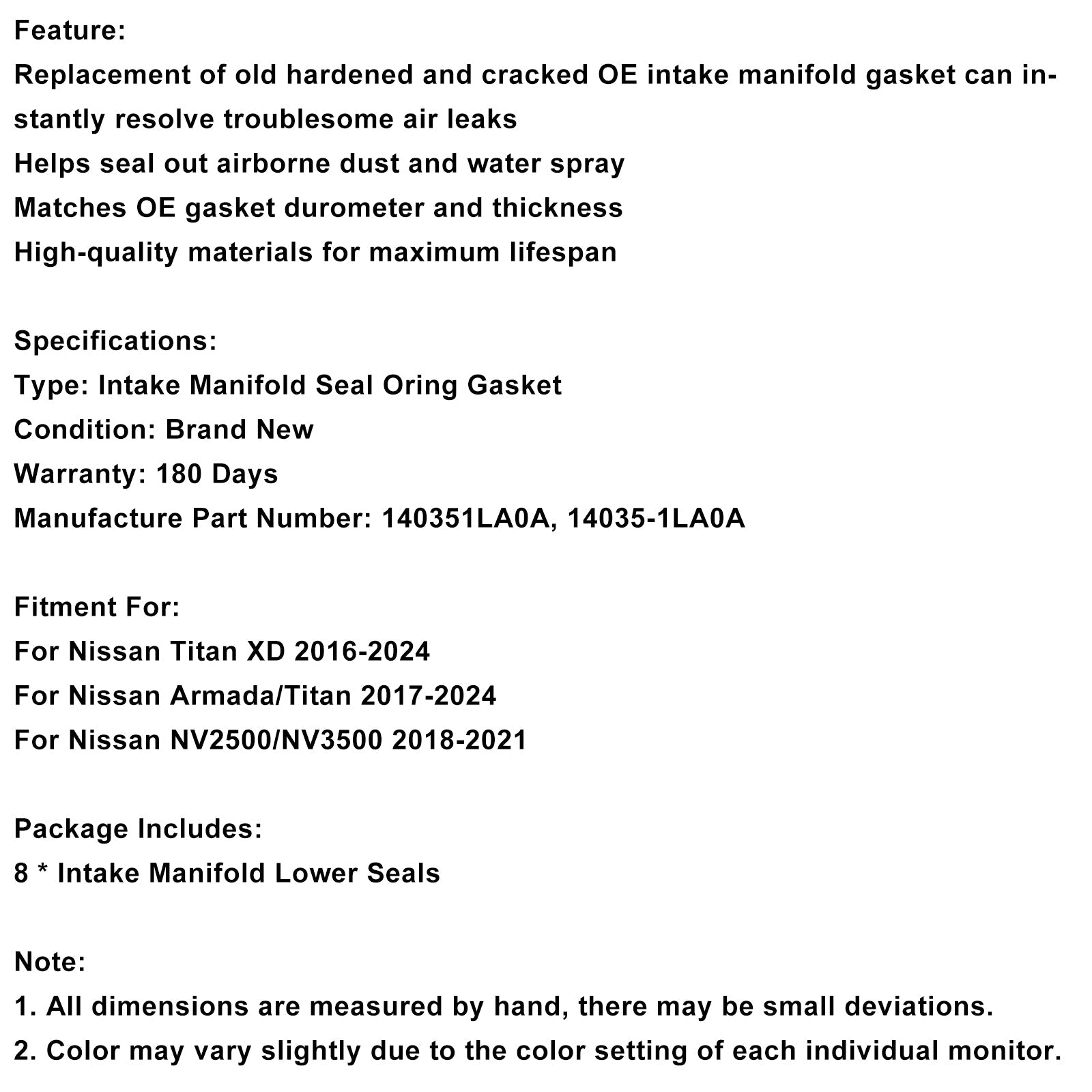 2018-2021 Nissan NV2500/NV3500 8PCS Inlaatspruitstukpakking 140351LA0A