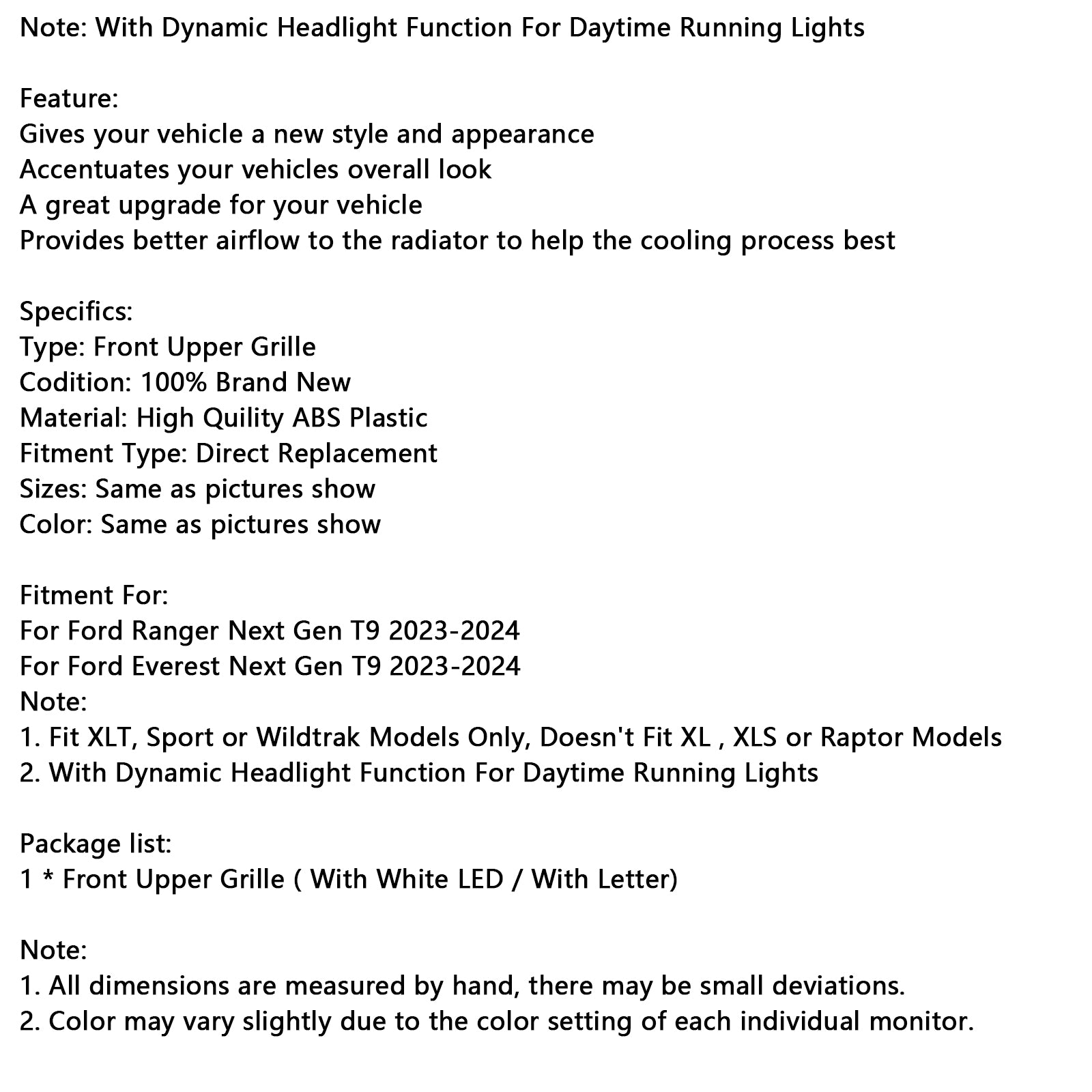 2023-2024 Ford Ranger Next Gen T9 Front Bumper Grille Grill (med vit LED)