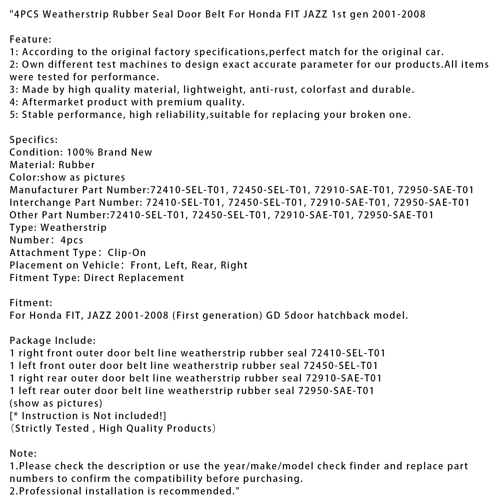 2001-2008 Honda FIT JAZZ 1e generatie 4PCS tochtstrip rubberen afdichting deurriem