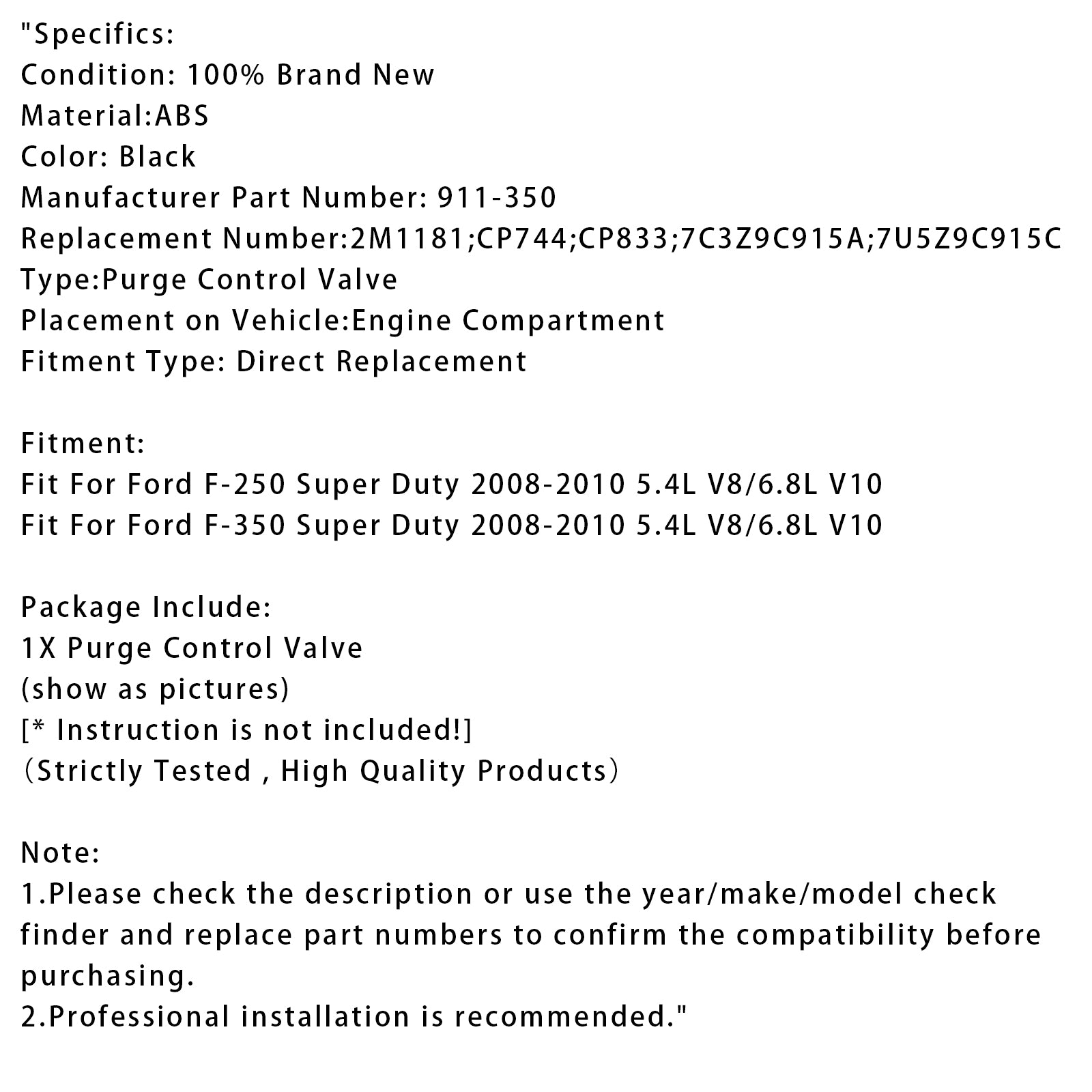Válvula solenoide de purga de recipiente de vapor para Ford F250 F350 Super Duty 2008-2010 911-350