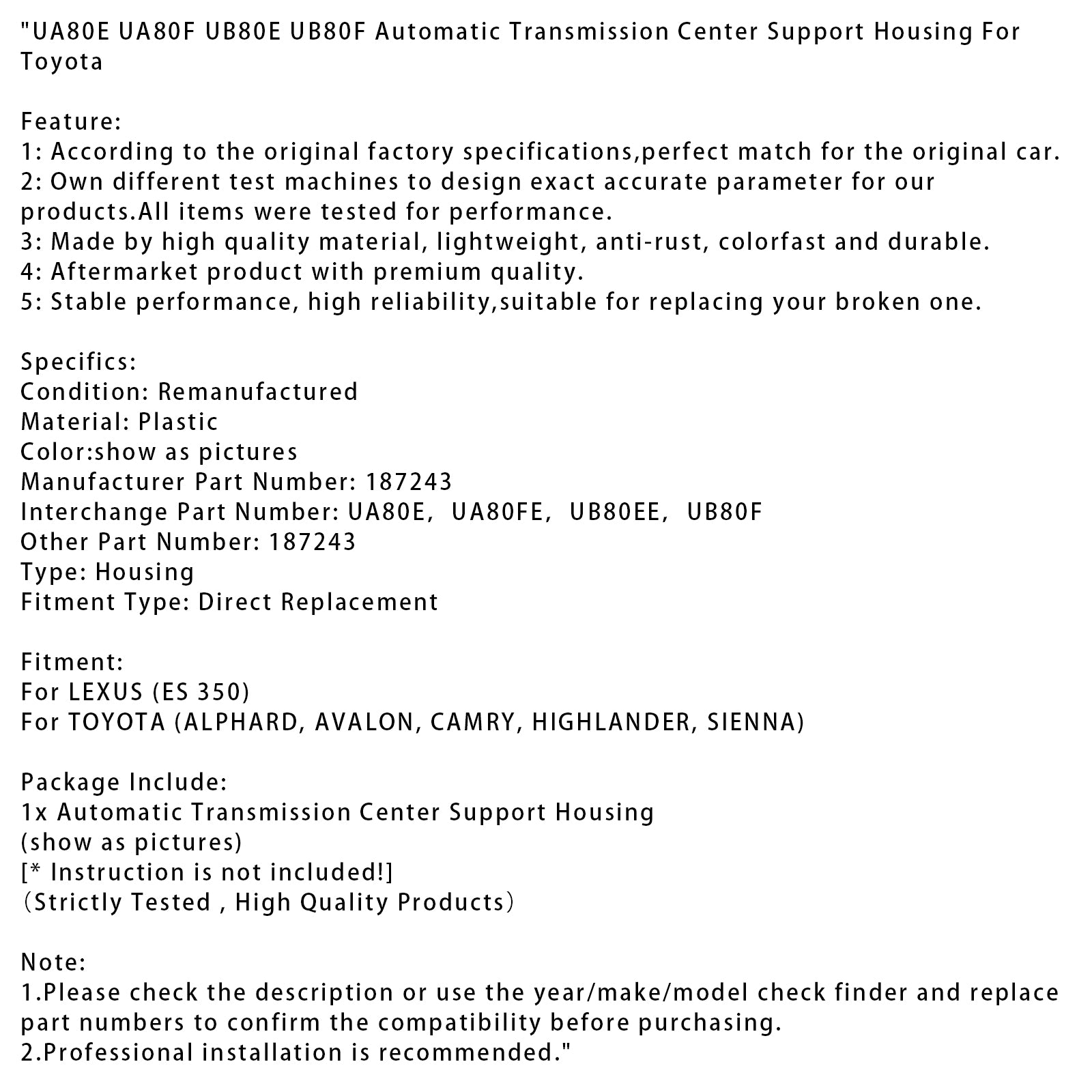UA80E UA80F UB80E UB80F Automatic Transmission Center Support Housing For Toyota