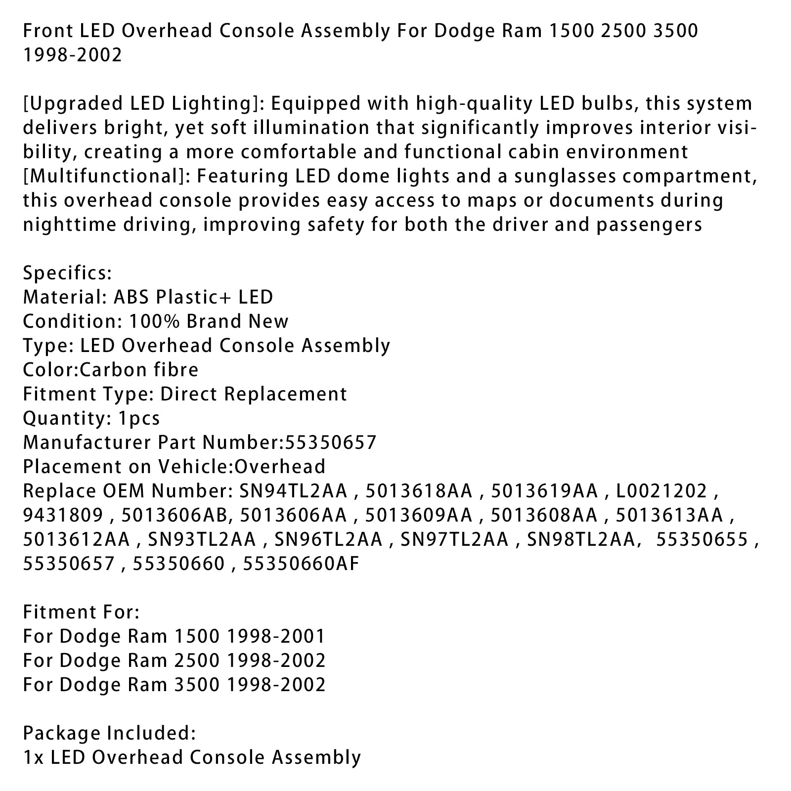 Front LED Overhead Console Carbon For Dodge Ram 1500 2500 3500 1998-2002