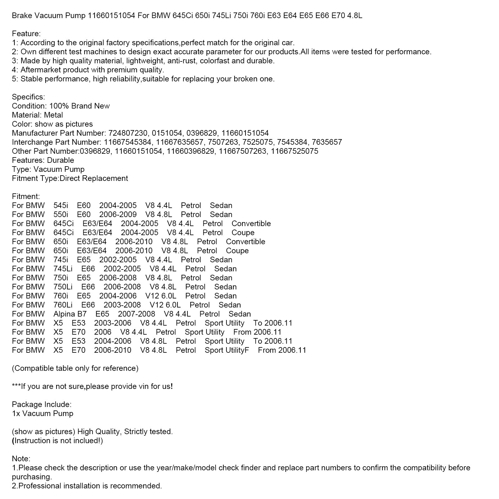 2006-2010 BMW 650i E63/E64 V8 4.8L benzinecoupé remvacuümpomp 11660151054