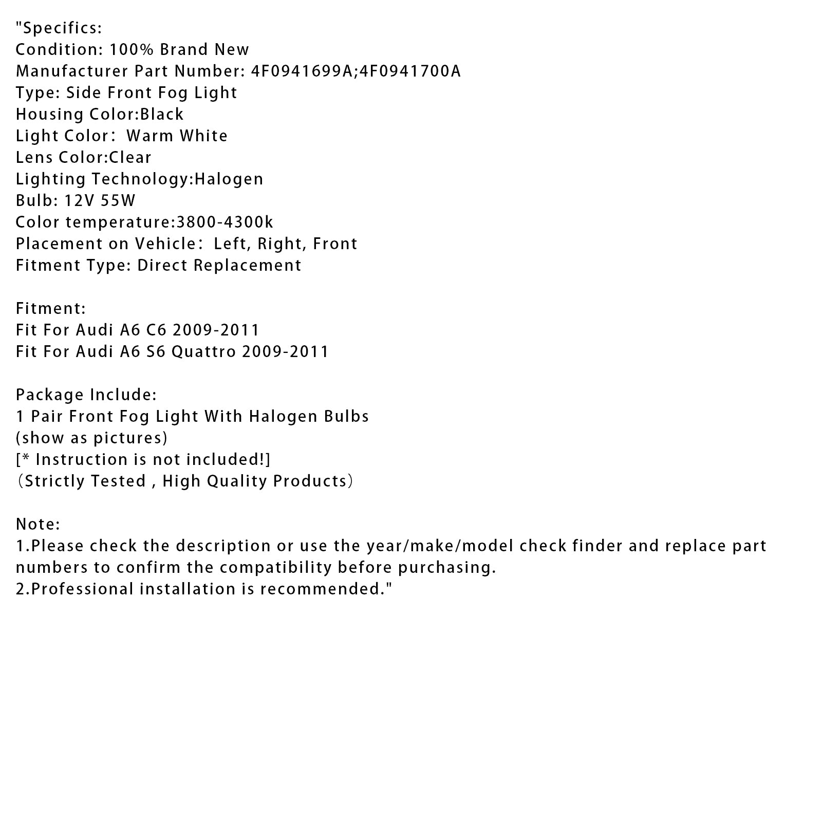 Paar voorbumper rijden mistlamp lampen voor Audi A6 Avant 4F C6 2009-2011