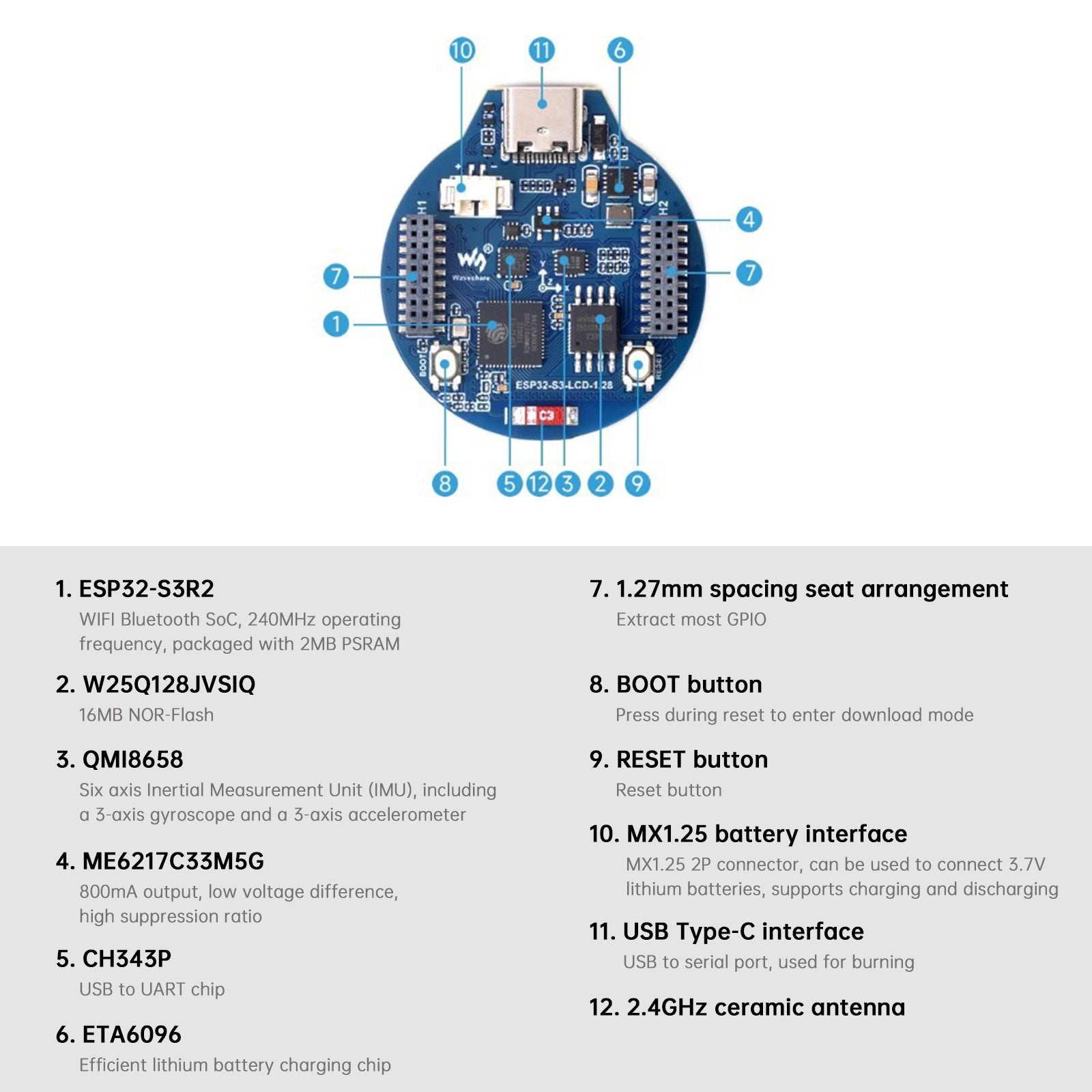 ESP32 S3 Development Board Round IPS Screen Bluetooth 240MHz Driftsfrekvens