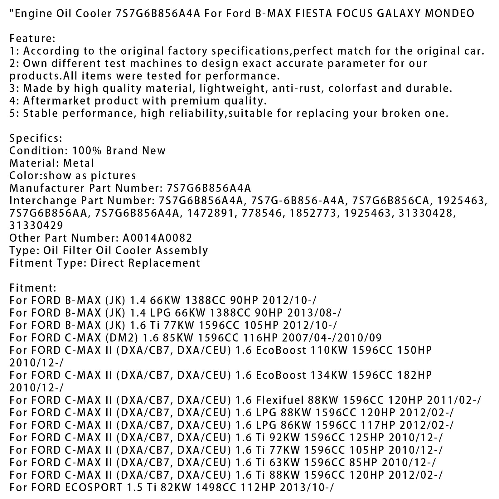 Engine Oil Cooler 7S7G6B856A4A For Ford B-MAX FIESTA FOCUS GALAXY MONDEO