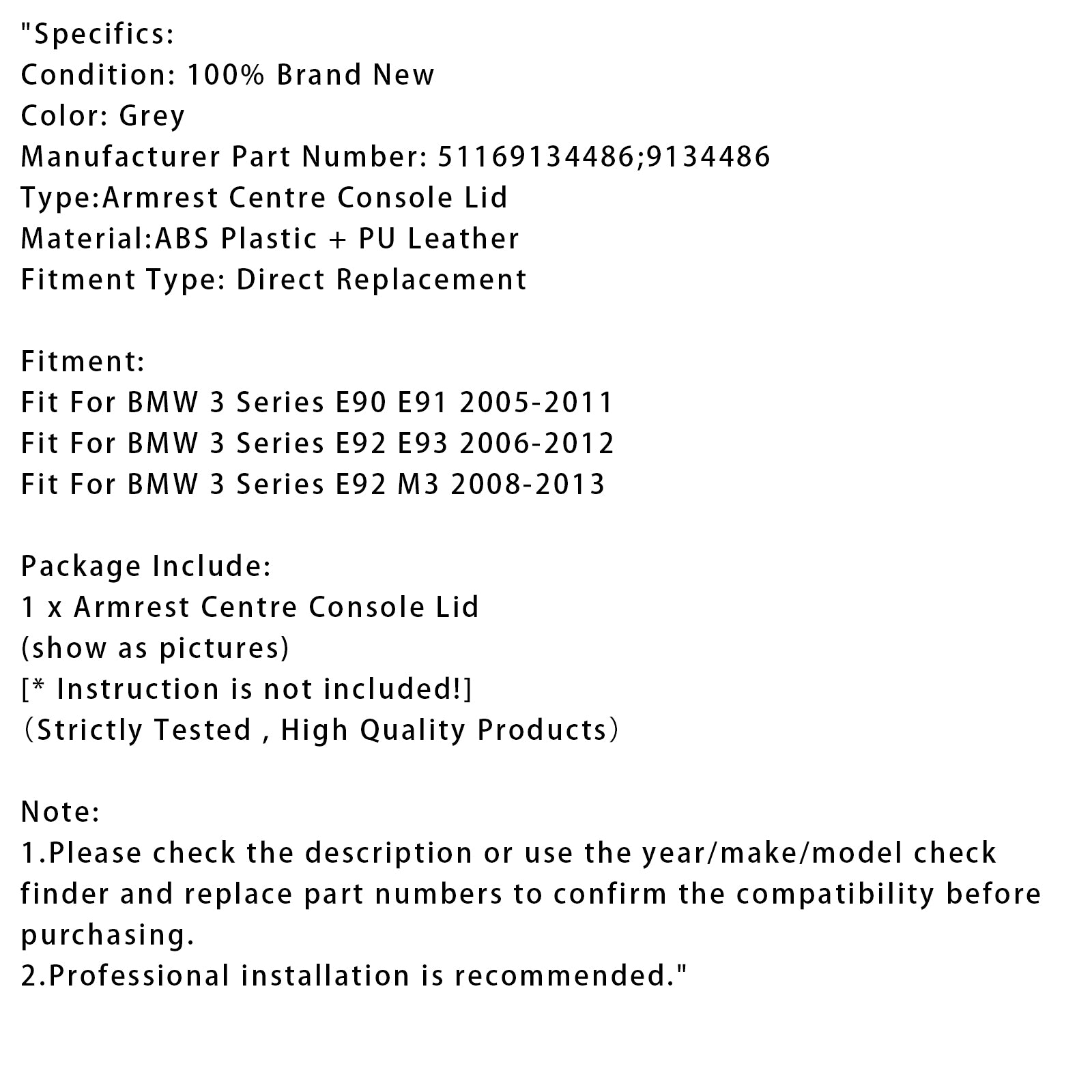 Grått läderarmstöd mittkonsollock för BMW E90 E91 E92 E93 51169134486