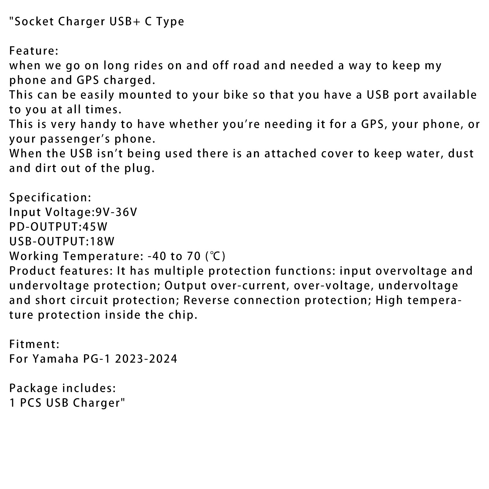 2023-2024 Yamaha PG-1 12V stopcontactlader USB+C type snel