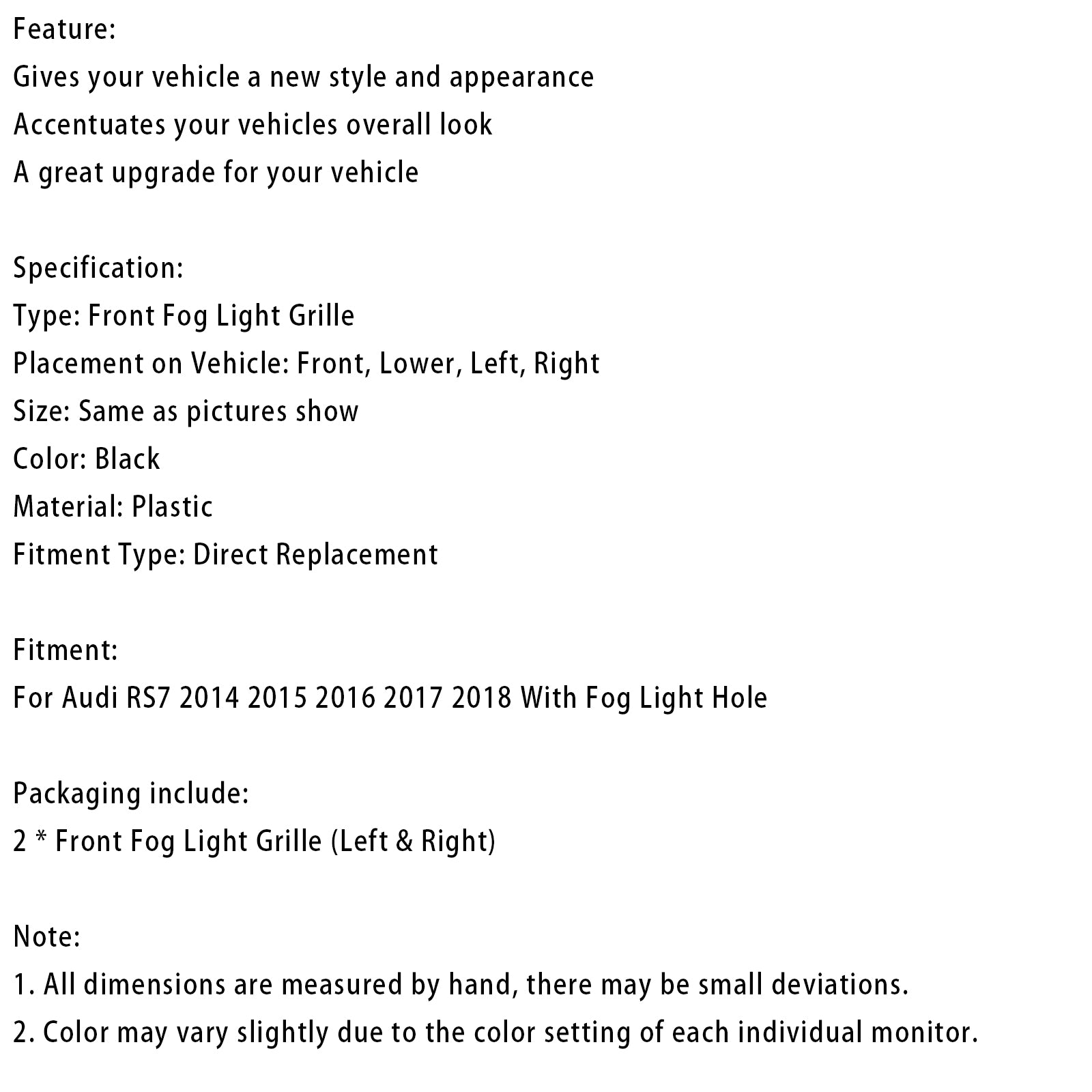 2014-2018 Audi RS7 paire pare-chocs avant antibrouillard lampe cadre calandre couvre