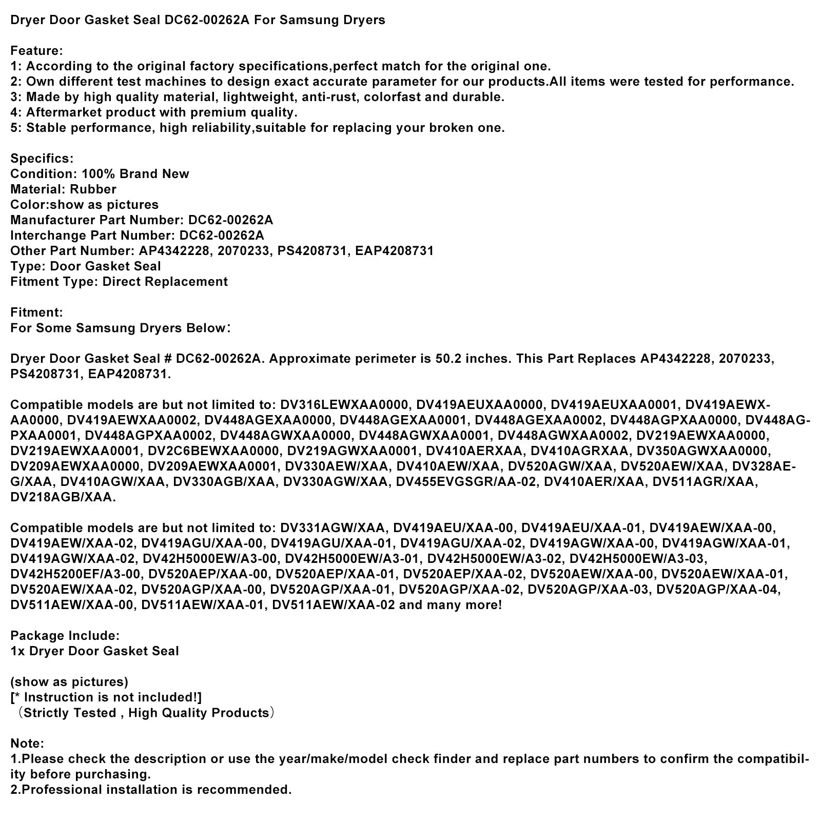 Tørketrommel Dørpakning Tetning DC62-00262A for Samsung Drys