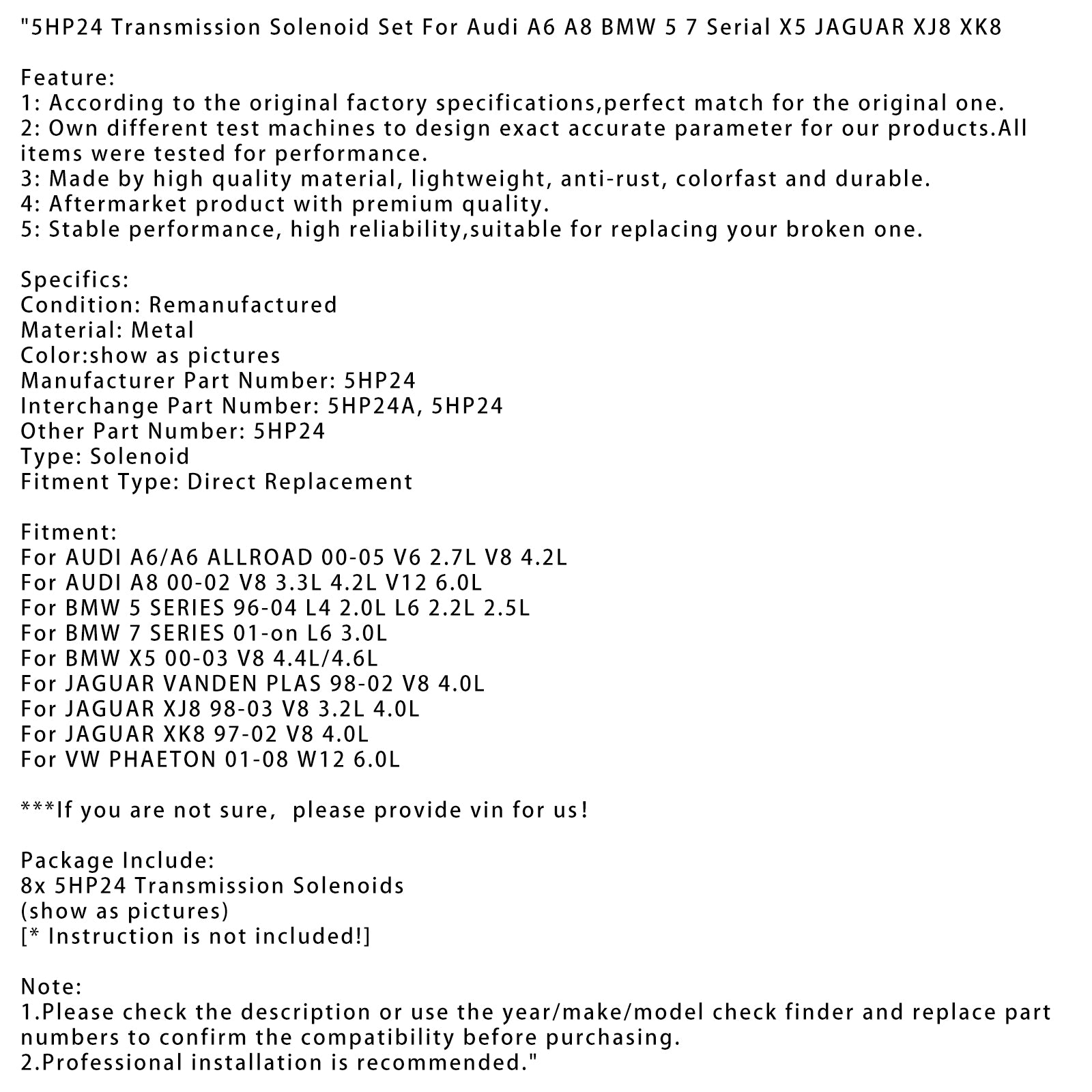 2000-2002 Audi A8 V8 3.3L 4.2L V12 6.0L 5HP24 TRANSMISSION SOLENOID SET 5HP24 5HP24A