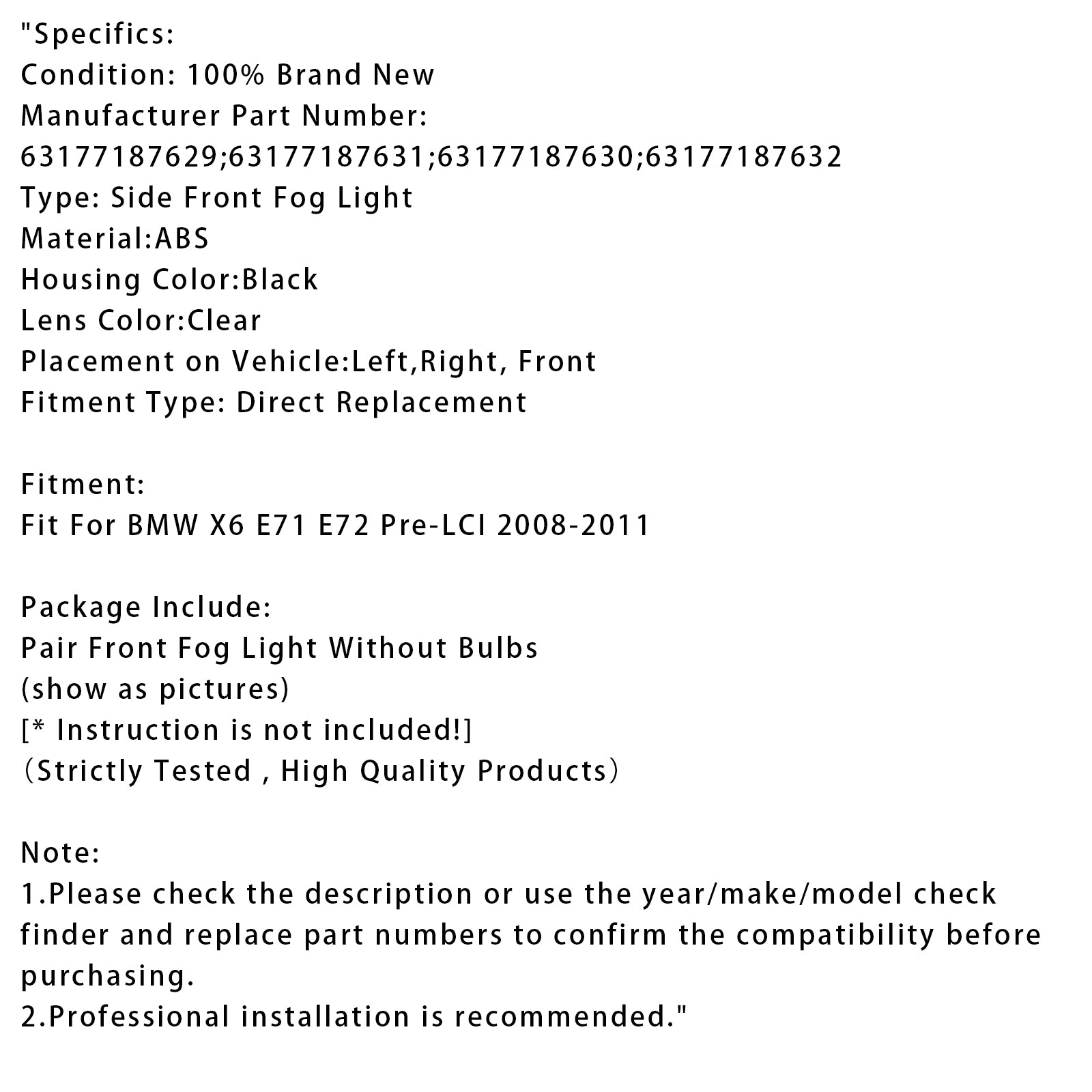 2008-2011 BMW X6 E71 E72 Paire lampes légères du brouillard avant sans ampoules 63177187631