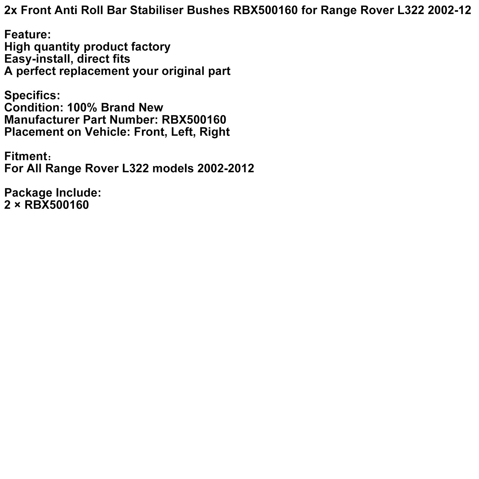 2002-2012 Range Rover L322 Modeller 2x Front Anti Roll Bar Stabilizer Bushes RBX500160