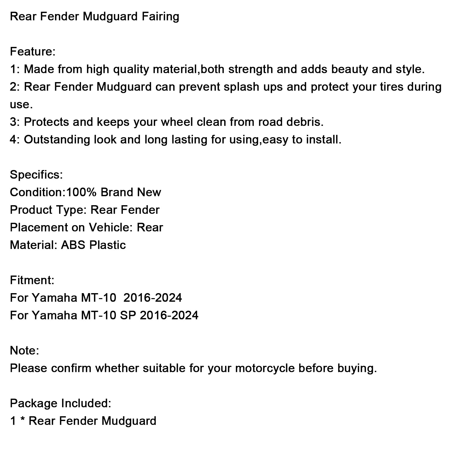 Bakre fender mudvaktsmässa för Yamaha MT-10/SP MT10 2016-2024