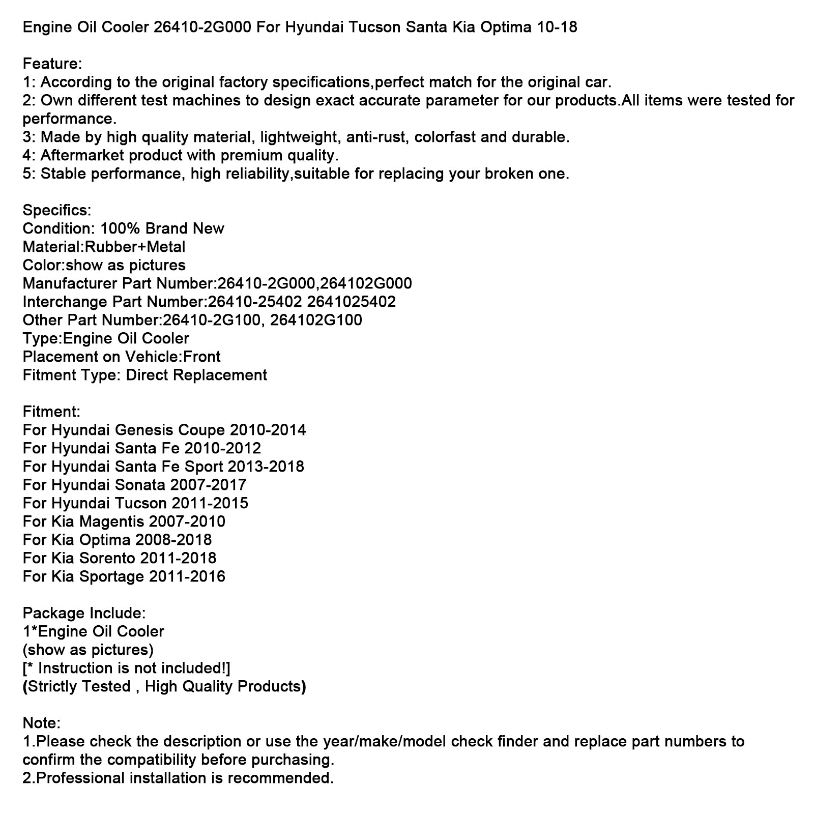 Engine Oil Cooler 26410-2G000 For Hyundai Tucson Santa Kia Optima 2010-2018