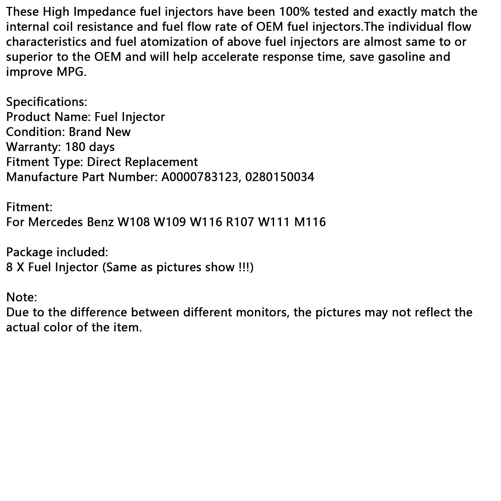 Mercedes W108 W109 W116 R107 W111 Injetor de combustível M116 8PCS 0000783123