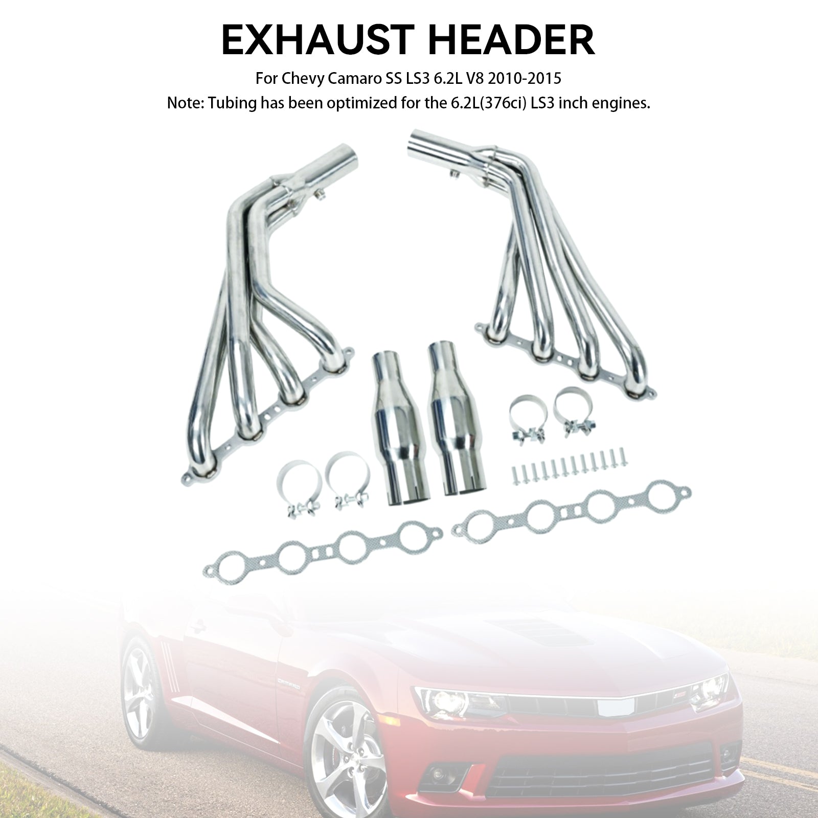 Långt rör i rostfritt grenrör passar Chevy Camaro SS LS3 6.2L V8 2010-2015