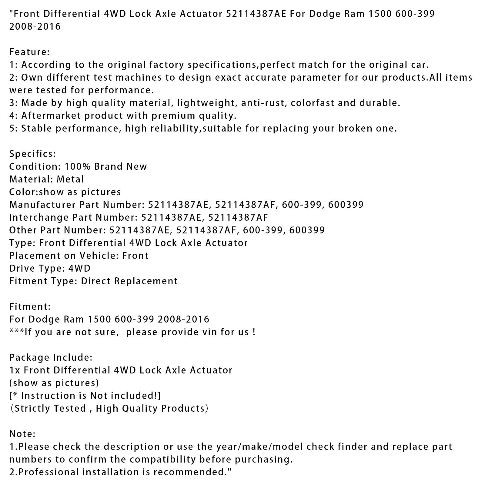 2008-2016 Dodge Ram 1500 600-399 Front Differential 4WD Lock Axle Actuator 52114387AE 600399