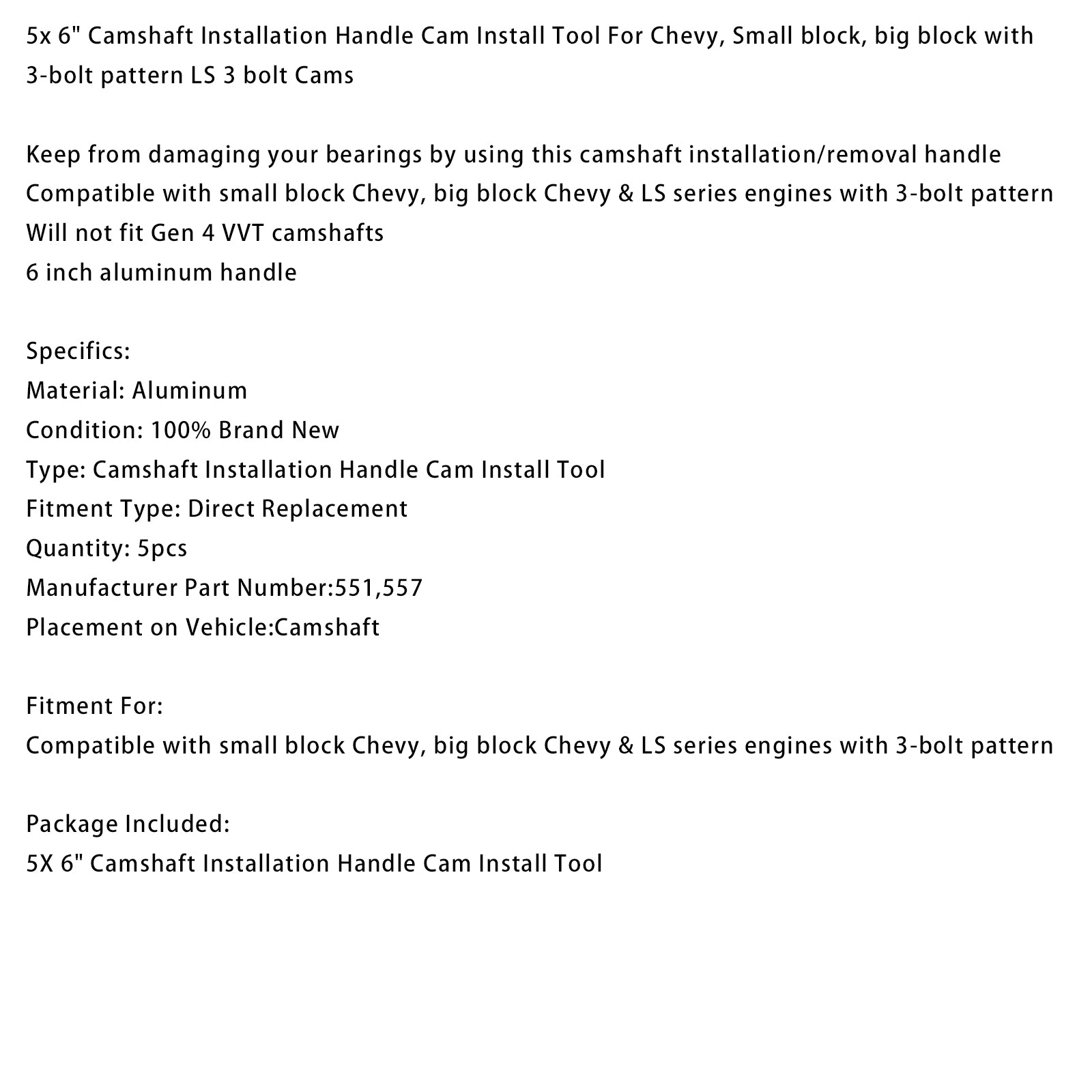 5x 6" Camshaft Installation Handle Cam Install Tool For Chevy with 3-bolt pattern