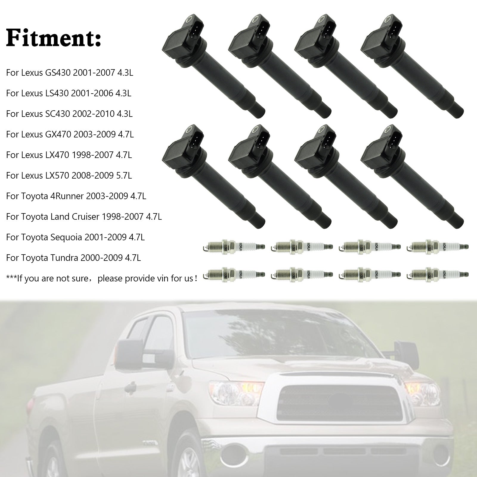 8 st tändspol+tändstift UF230 för Toyota Tundra Sequoia 4.7L V8