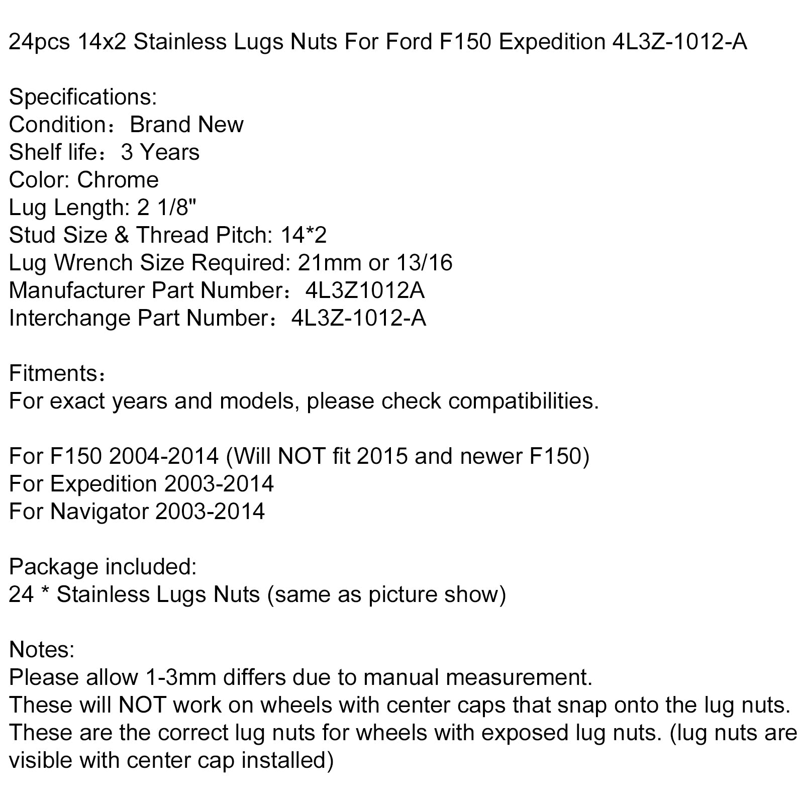 24pcs 14x2 Carbon Steel Lugs Nuts 4L3Z-1012-A Fit Ford F150 Expedition 2004-2014