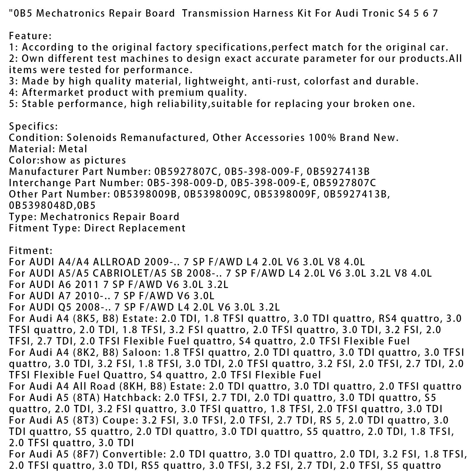 Kit de réparation mécatronique pour faisceau de transmission Audi A6 (4G5, C7) Estate 0B5
