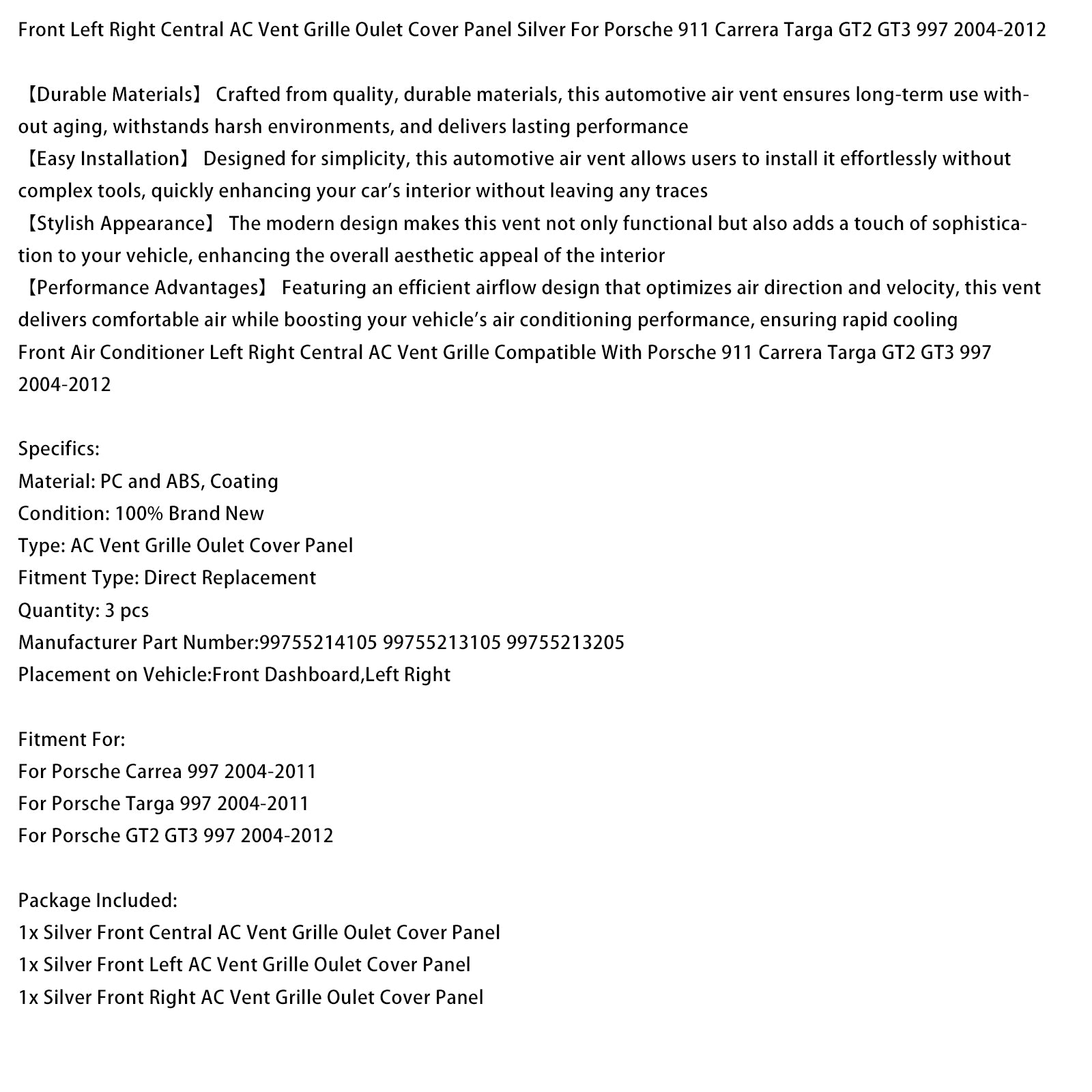 2004-2011 Porsche Carrea 997 Left Right Central AC Vent Cover Silver 99755214105 99755213105 99755213205