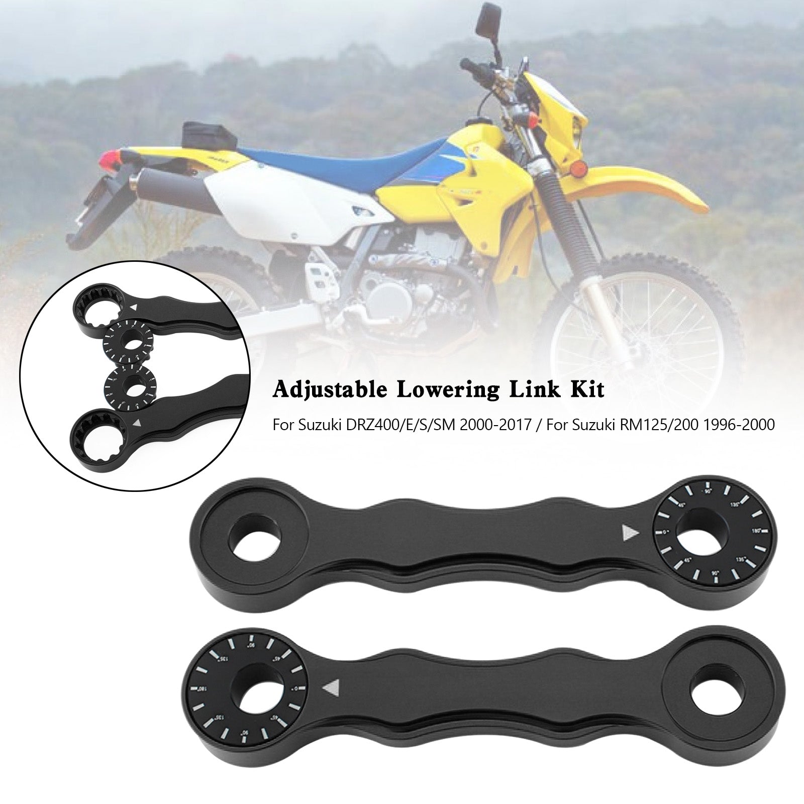 Justerbar sänkningslänkpaket för Suzuki DRZ400/E/S/SM 00-17 RM125/200 96-00 svart