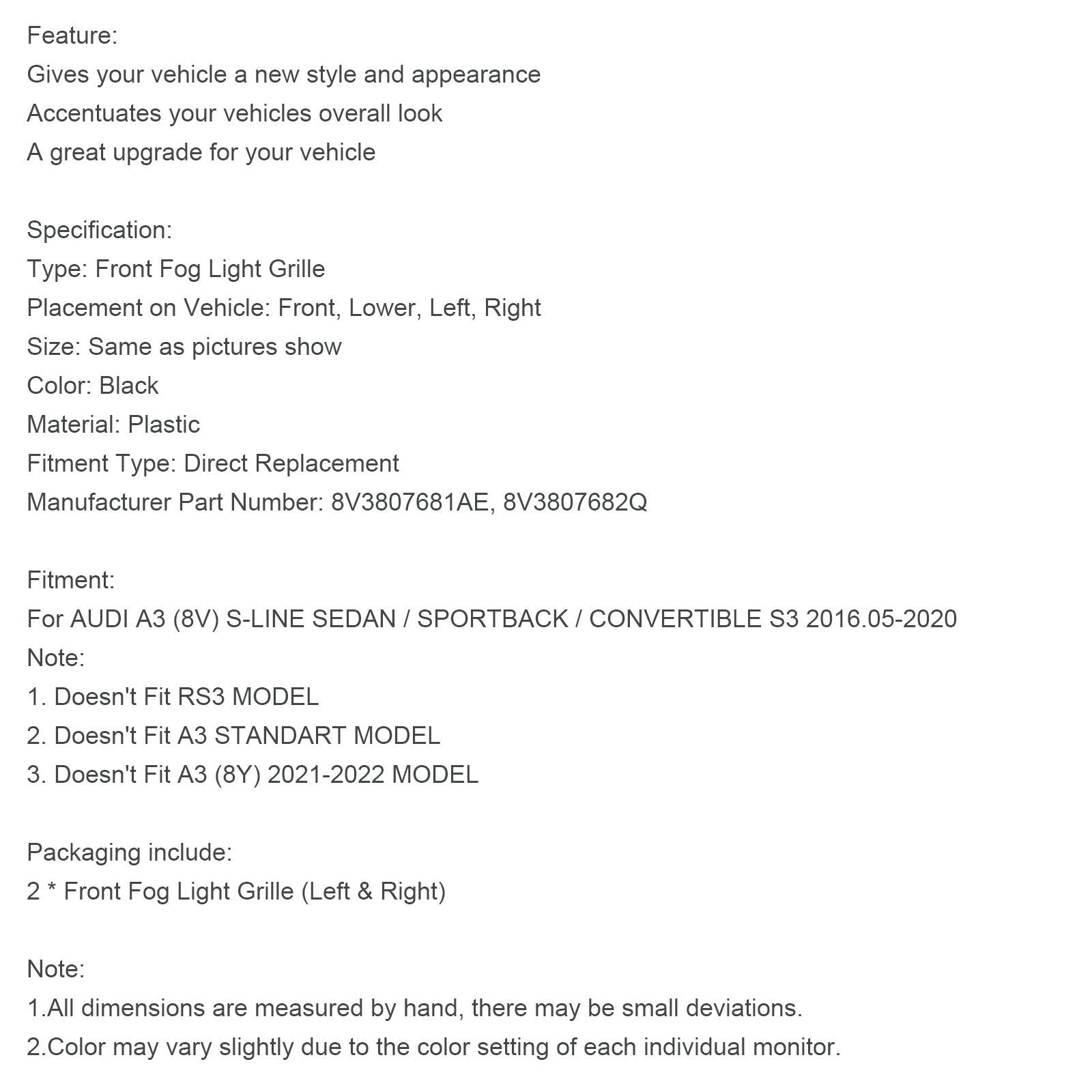 2017-2019 Audi A3 S-Line 8V Front Fog Light Cover Bezel Grill Grille 8V3807681AE 8V3807682Q