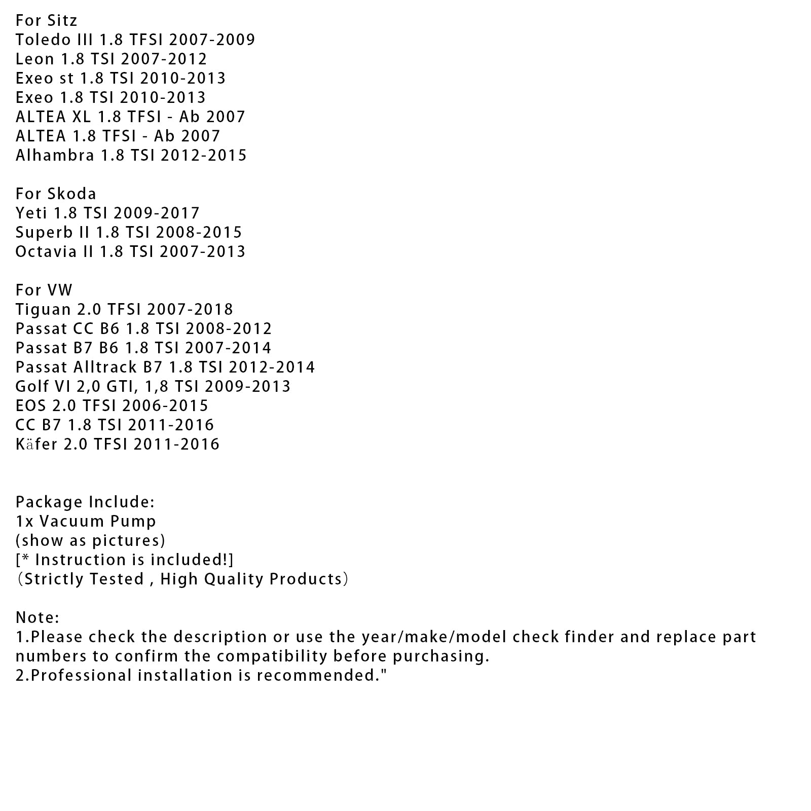 2008-2014 Audi TT 1.8 Pompe à vide TFSI 06J145100N 7.24807.28.0 générique