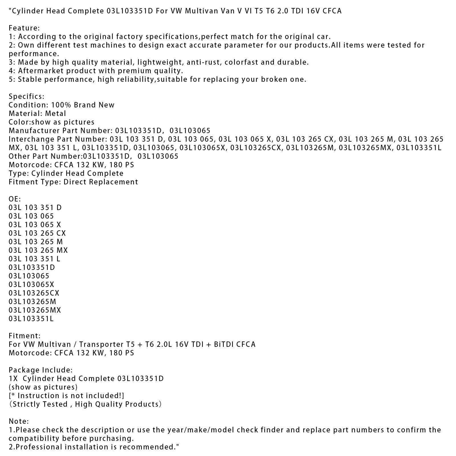 Sylinderhode Komplett 03L103351D for VW Multivan Van V VI T5 T6 2.0 TDI 16V