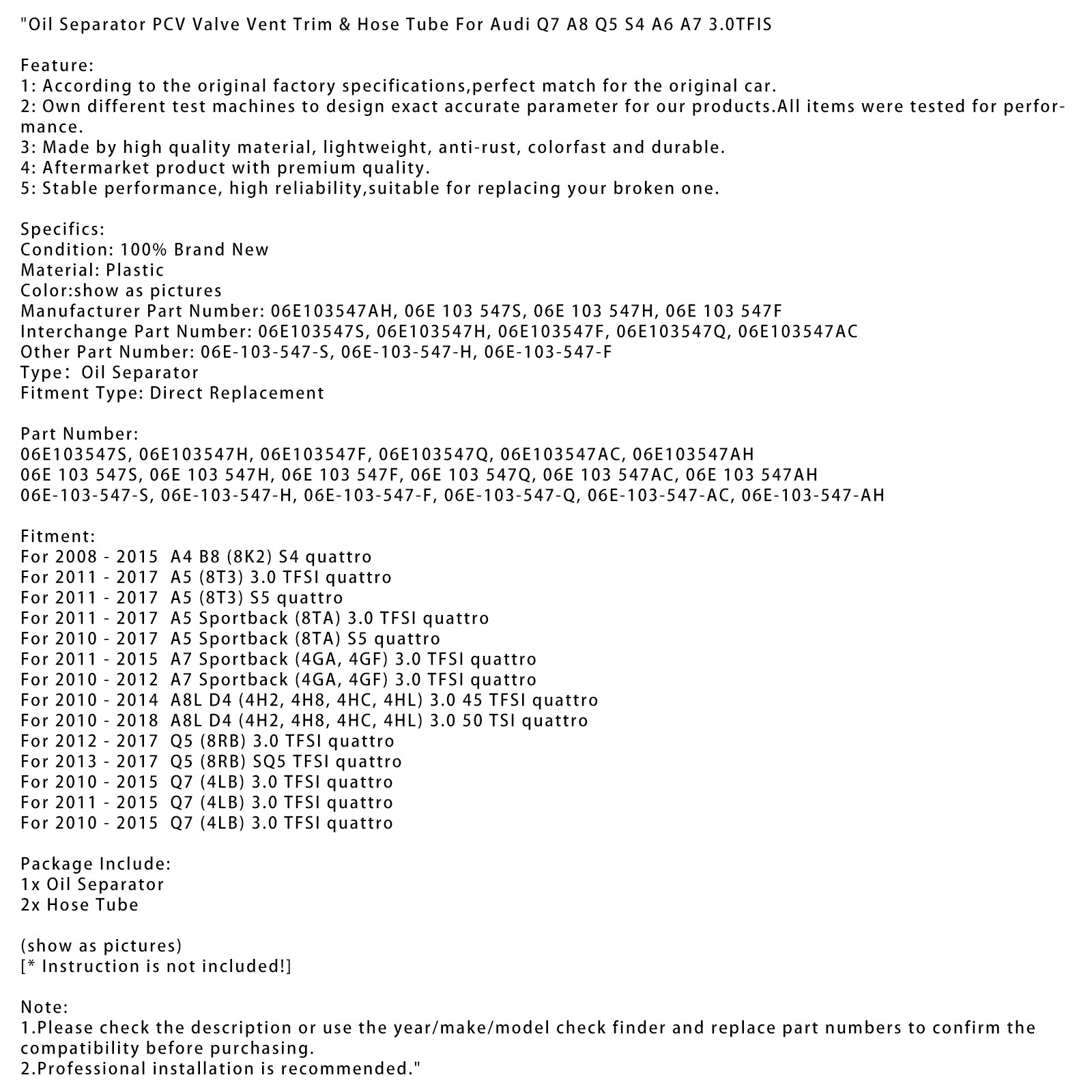 2012-2017 Q5 (8RB) 3.0 TFSI quattro Oljeavskiljare PCV-ventilens avluftningslister & Slangrör 06E103547S