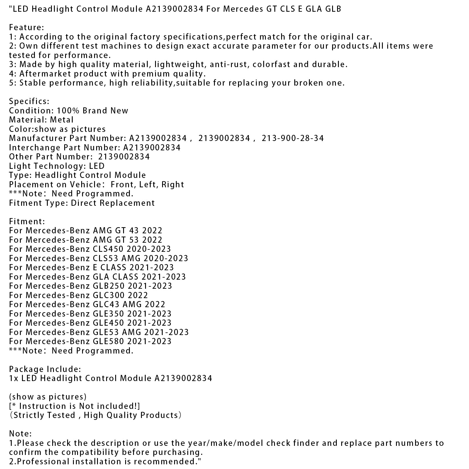 2021-2023 Mercedes-Benz E CLASS LED Headlight Control Module A2139002834