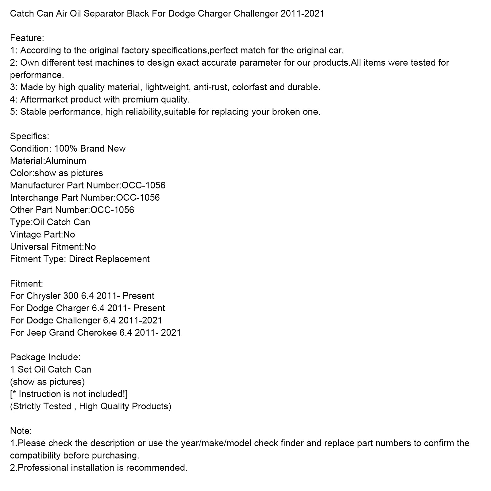 Catch Can Air Oil Separator Black For Dodge Charger Challenger 2011-2021