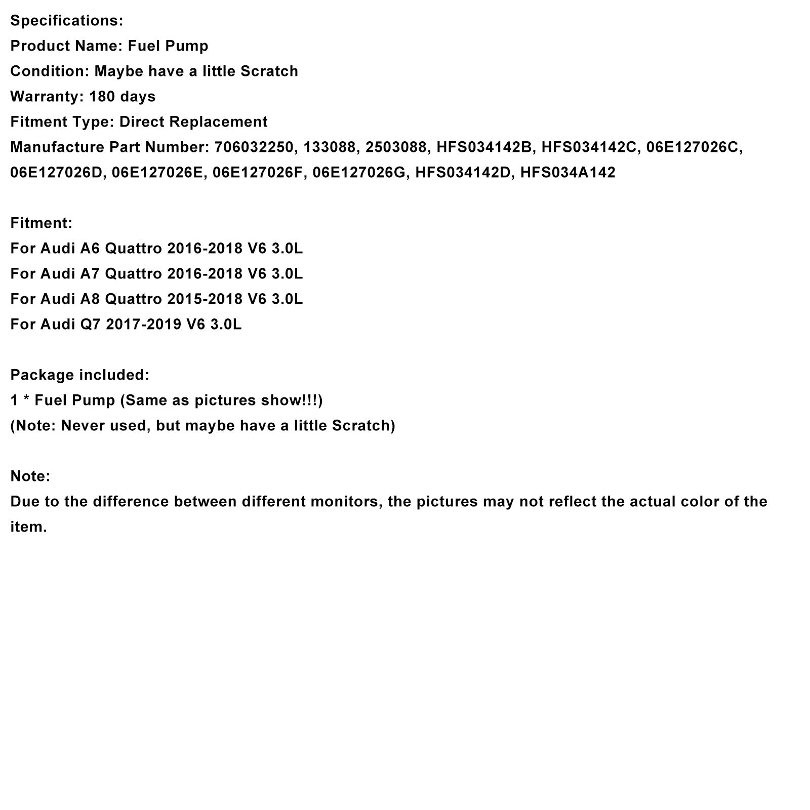 2016-2018 Audi A6 Quattro V6 3.0L High Pressure Fuel Pump 06E127026D 706032250 HFS034142D