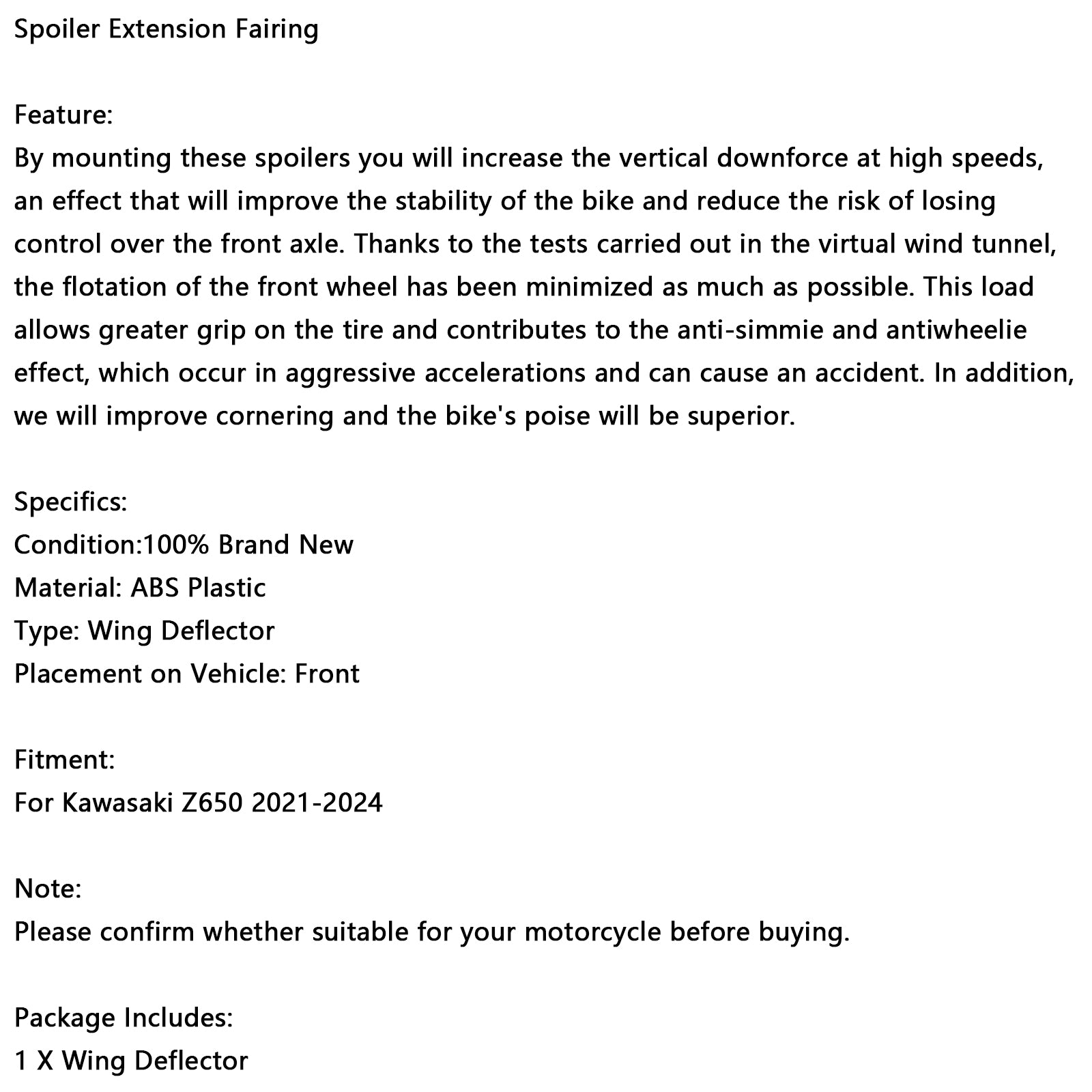2021-2024 Kawasaki Z650 Front Downforce Spoiler Extension Fairing White