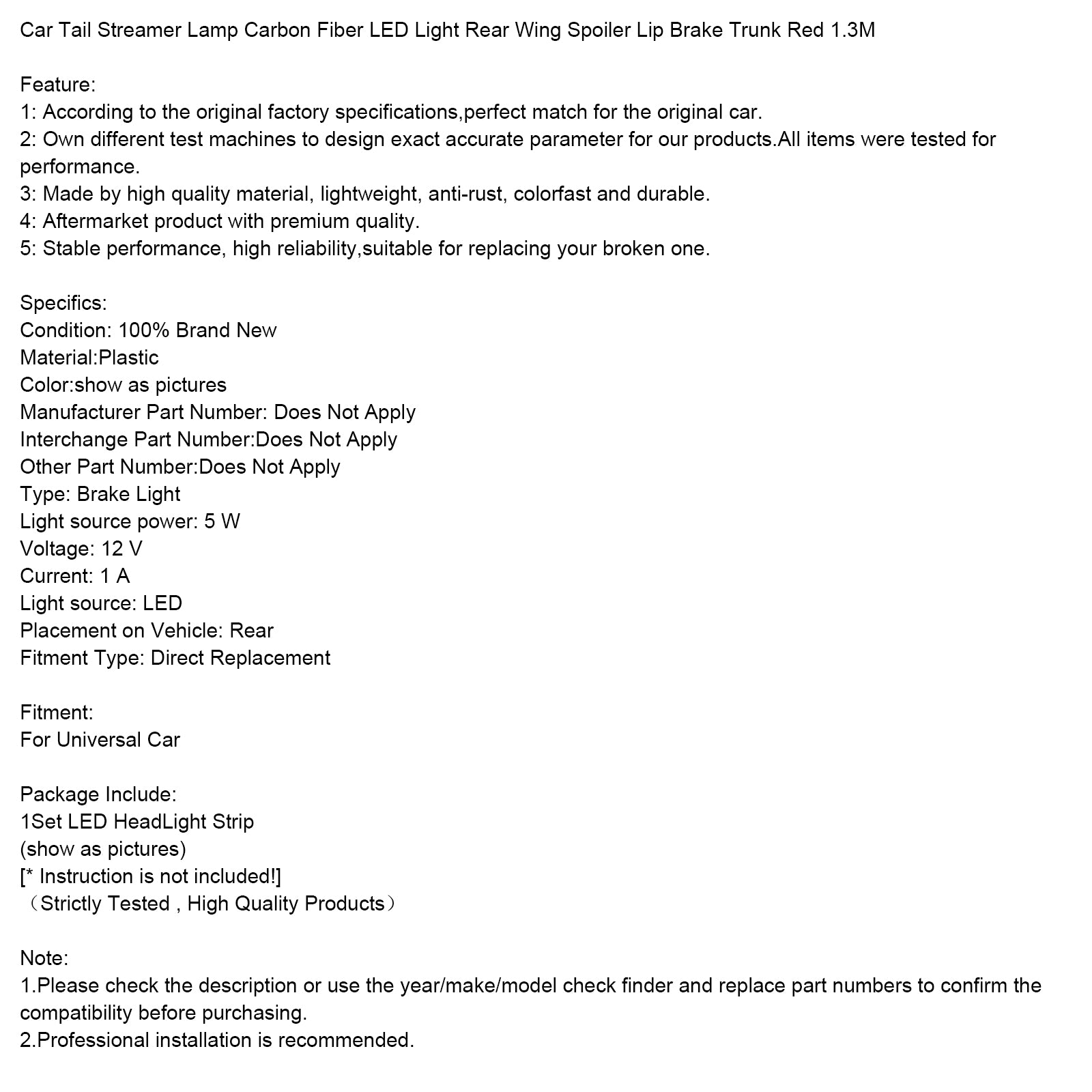 Lámpara de serpentina trasera de coche, luz LED de fibra de carbono, alerón trasero, labio, freno, maletero, rojo, 1,3 M