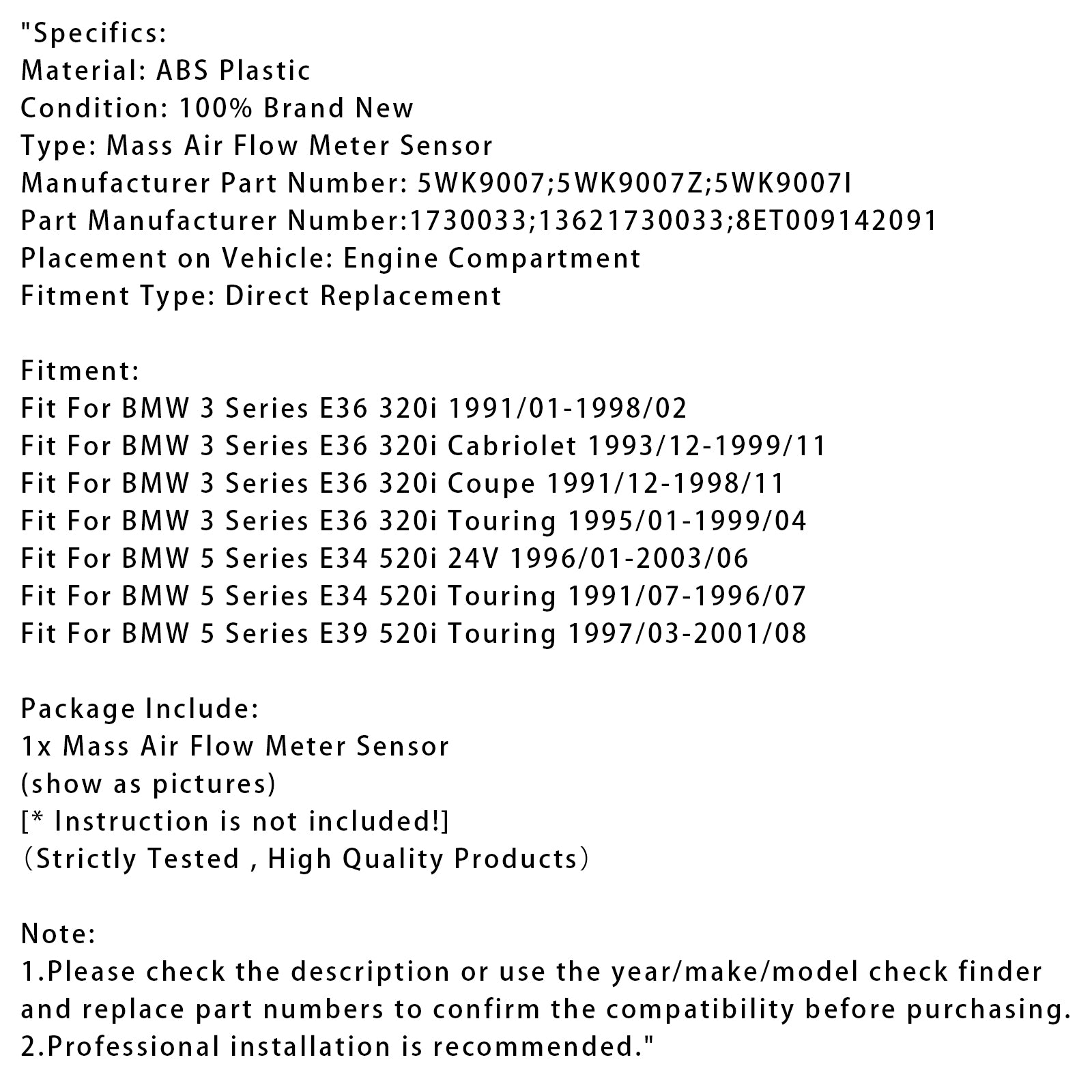 Mass Air Flow Meter Sensor For BMW E36 E34 E39 320i 520i 5WK9007