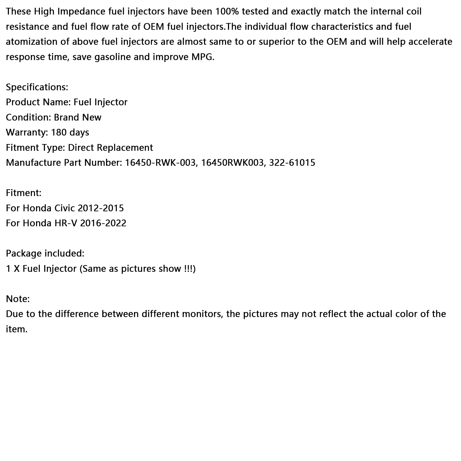1 Uds inyector de combustible 16450-RWK-003 compatible con Honda HR-V 2016-2022 compatible con Honda Civic