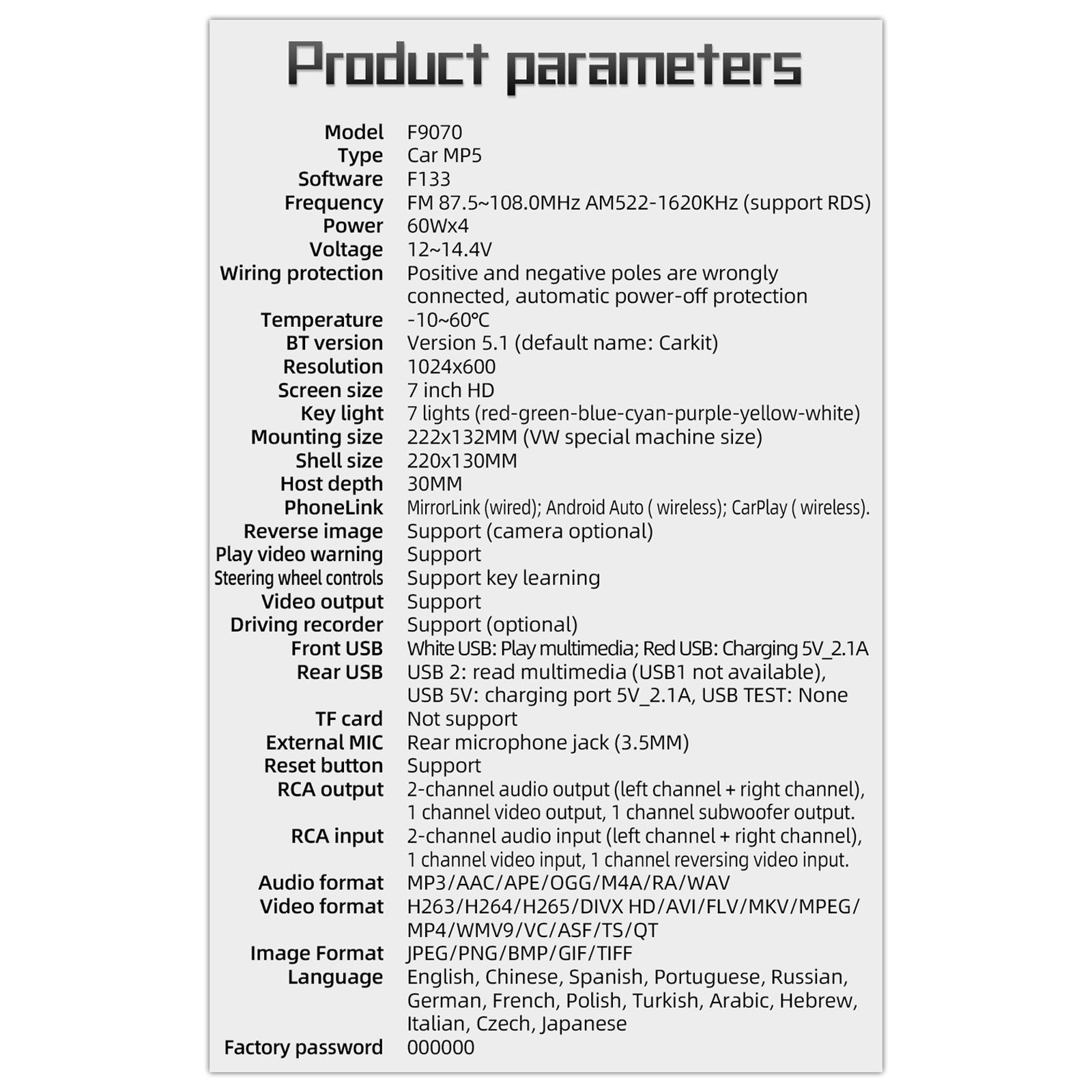 7" Volkswagen Auto Bluetooth Radio MP5 Autospeler Draadloze Carplay + 4 LED Camera