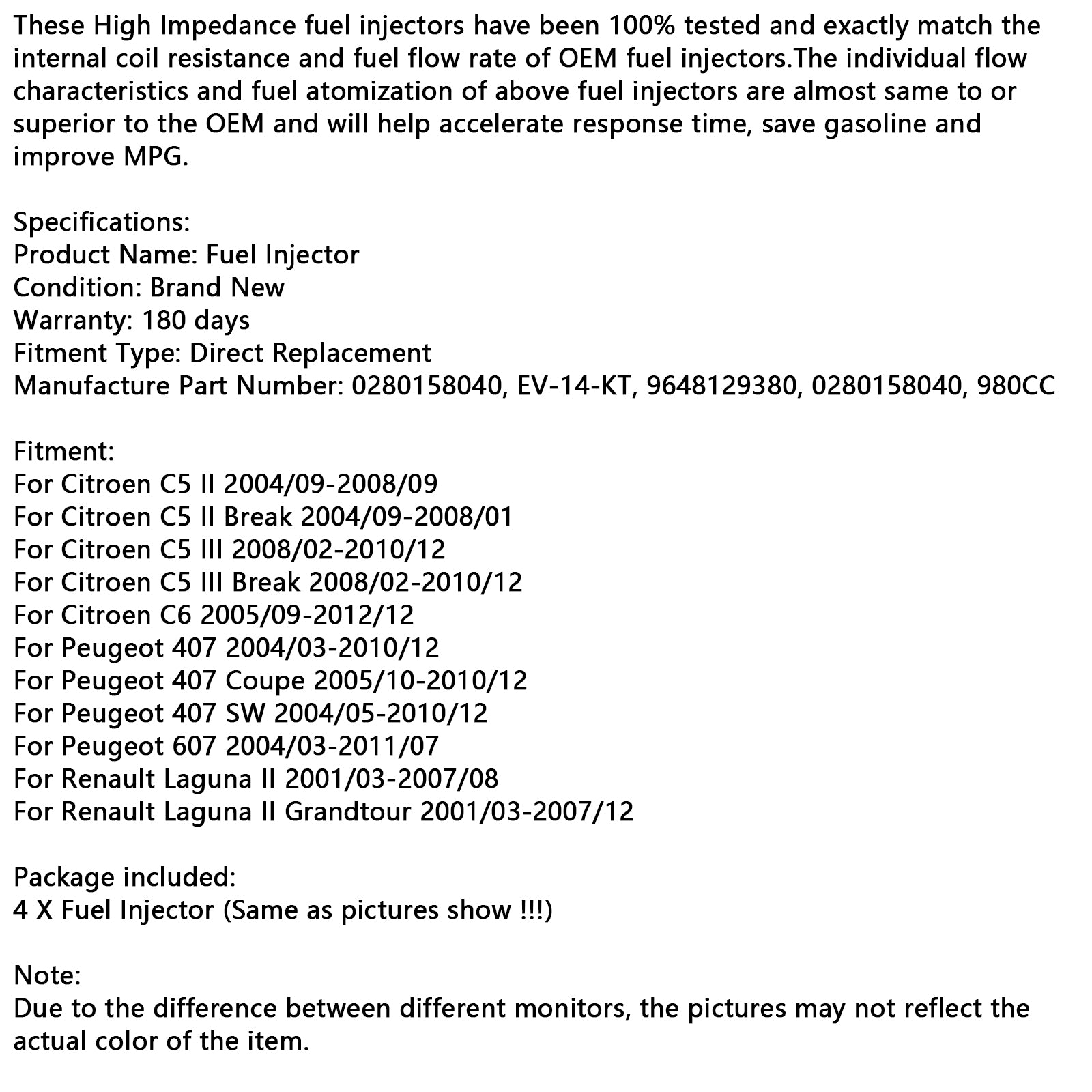 4pcs injektor paliva 0280158040 980cc Fit Citroen Fit Peugeot Fit Renault