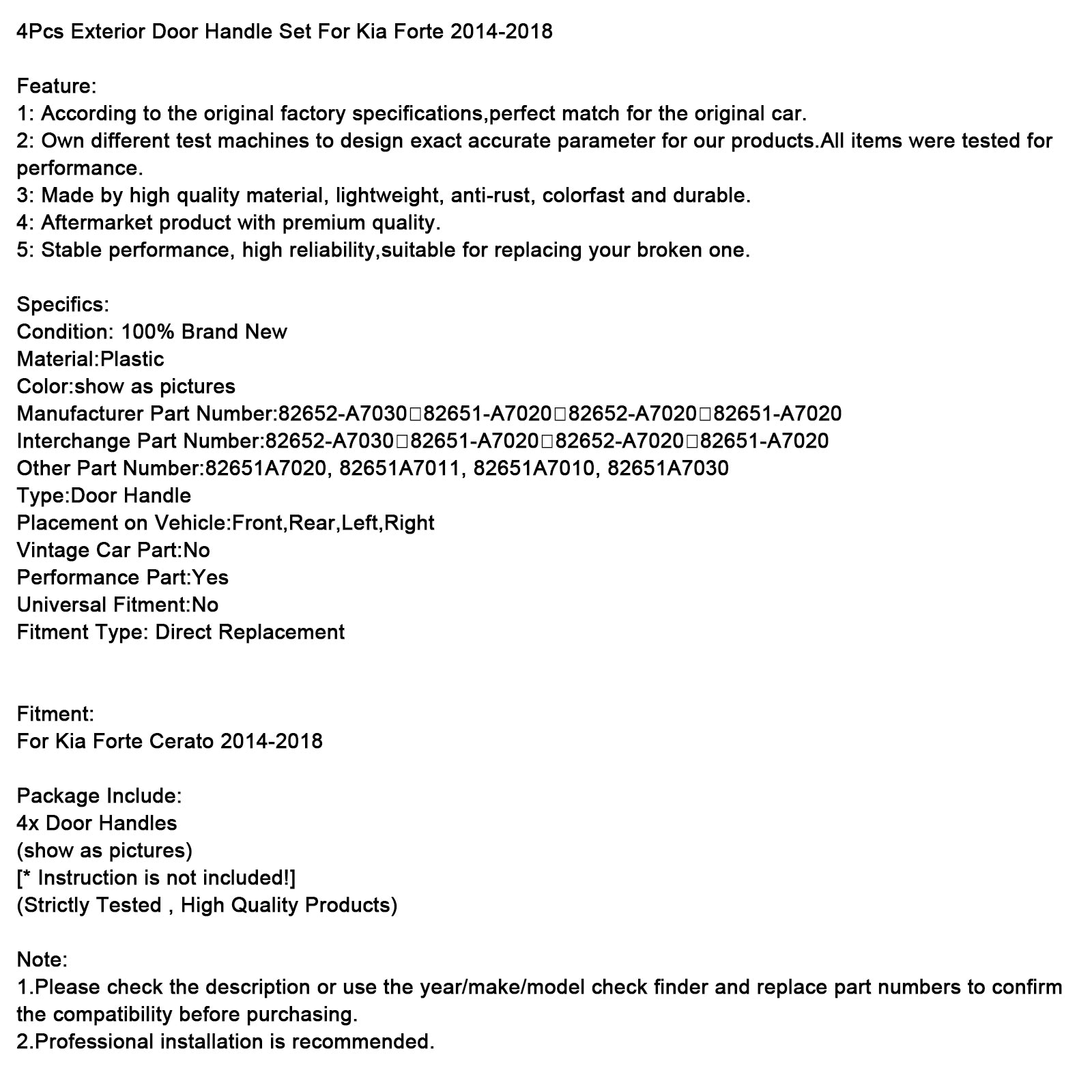 4Pcs Exterior Door Handle Set For Kia Forte 2014-2018