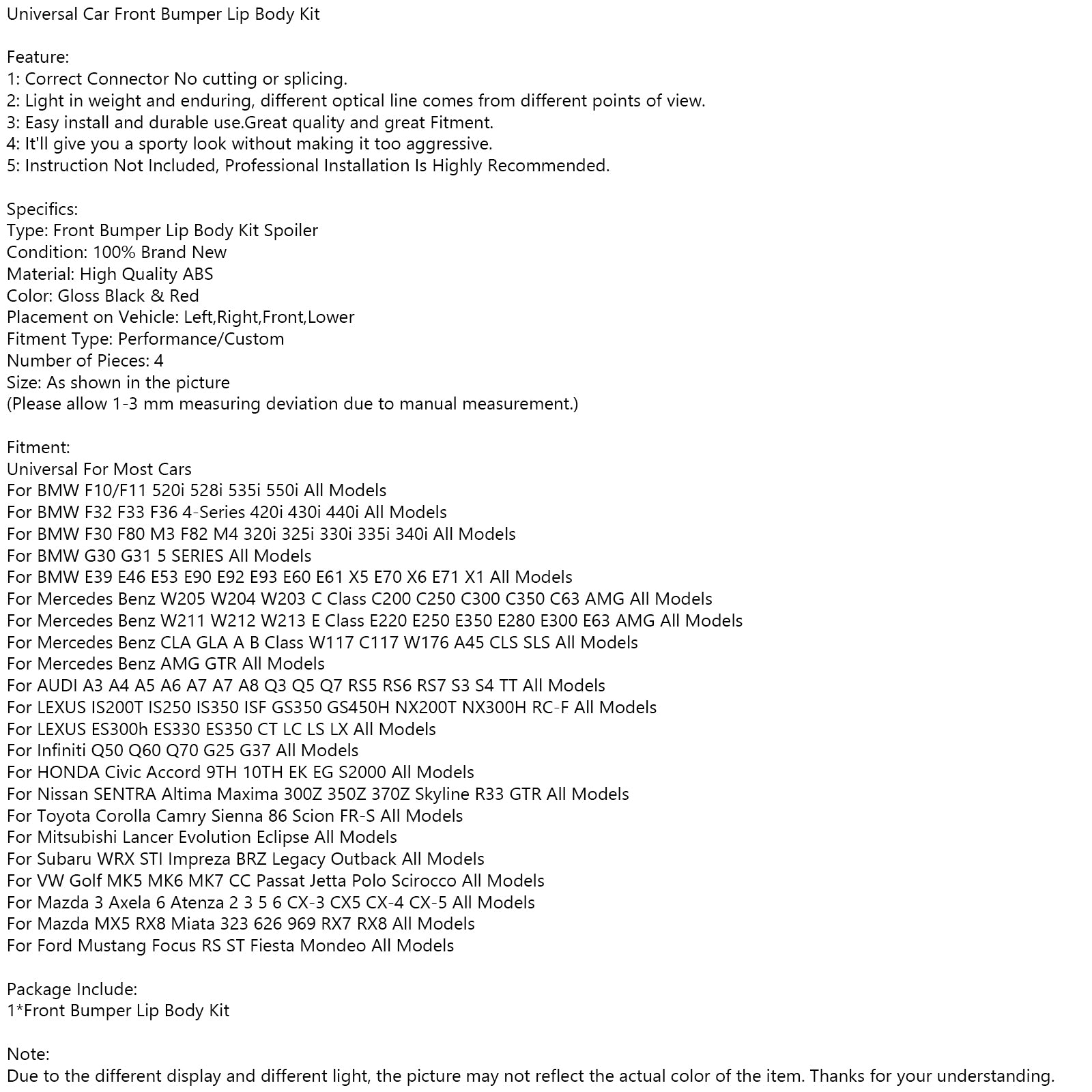 4PCS Universal Car Front Bumper Lip Body Kit Splitter Spoiler Diffuser Protector