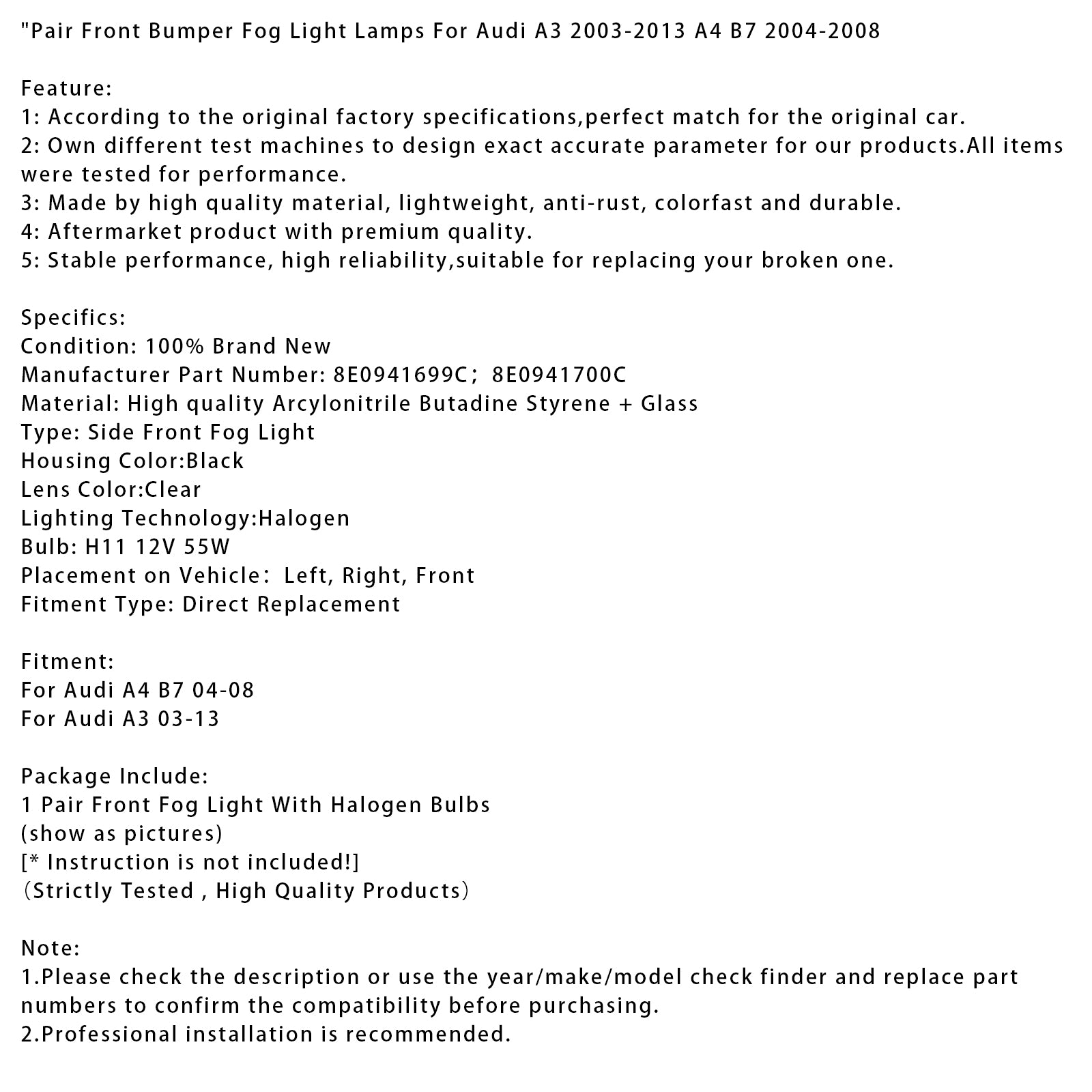 Paar Voorbumper Mistlamp Lampen Voor Audi A3 2003-2013 A4 B7 2004-2008