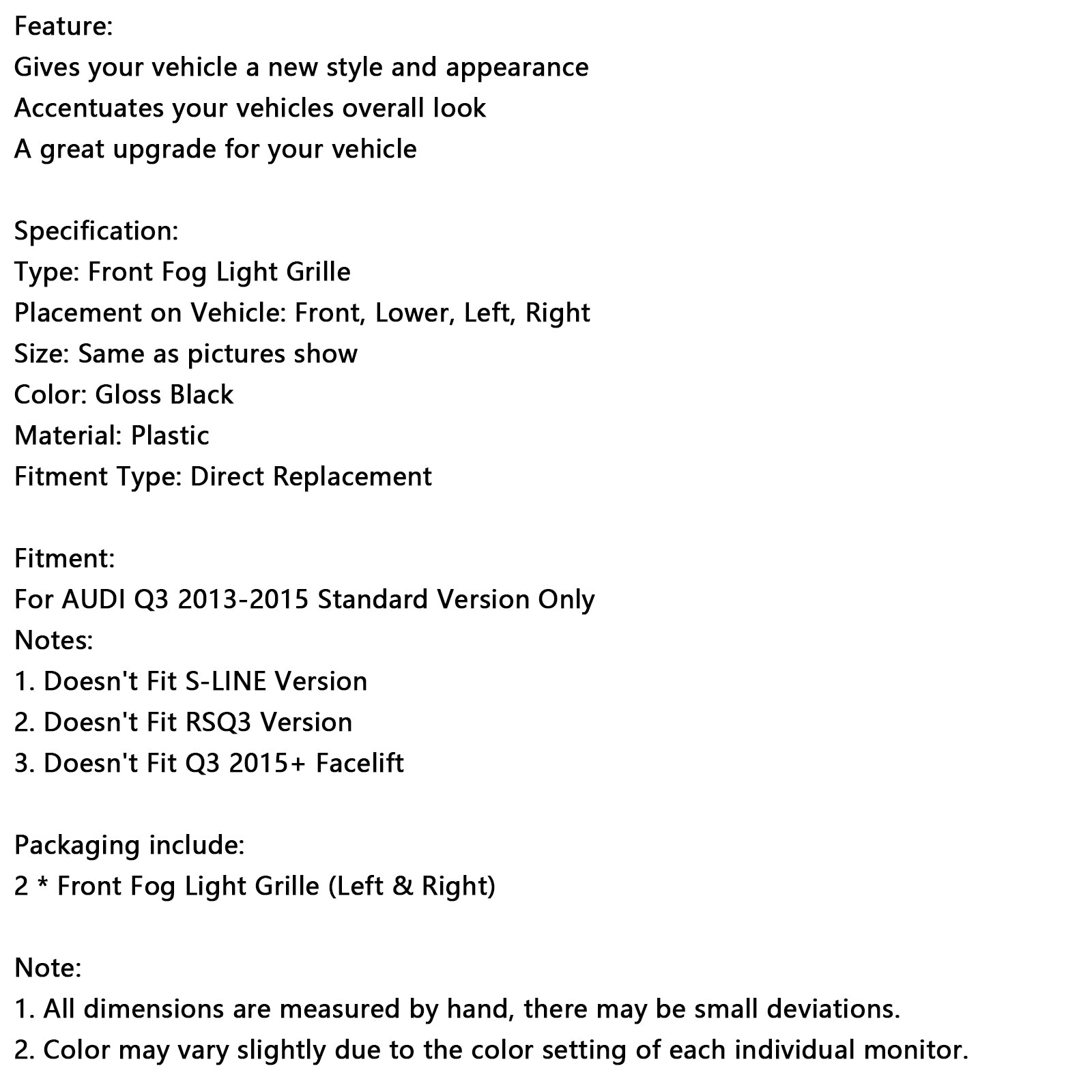 2013-2015 Audi Q3 RSQ3-stijl honingraat mistlampafdekkingen vooraan glanzend zwart