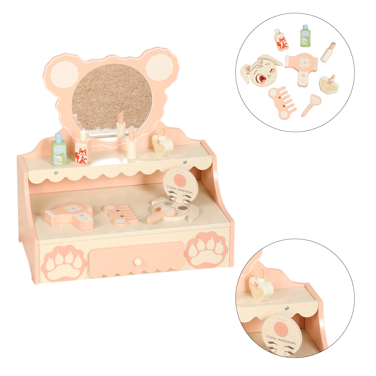 Vanité de princesse pour enfants de 3 ans et plus, bureau de jeu de simulation avec 8 accessoires de maquillage, ensemble de vanité pour enfants avec tiroir de rangement, table de maquillage pour petites filles avec miroir